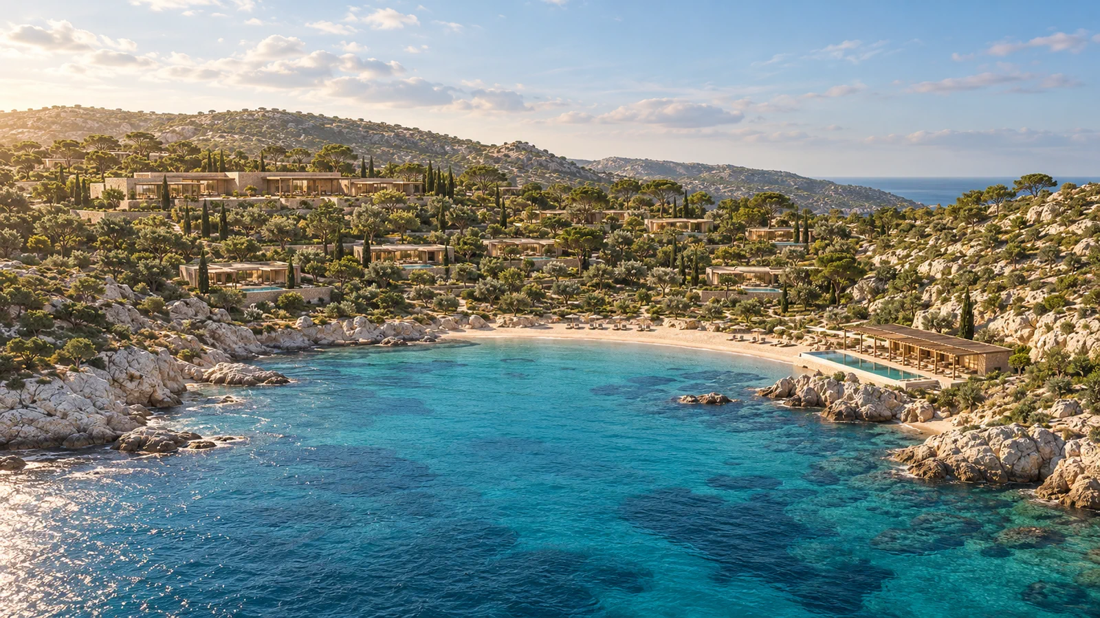 Vue depuis la mer d’un resort et de ses villas réparties dans un paysage méditerranéen