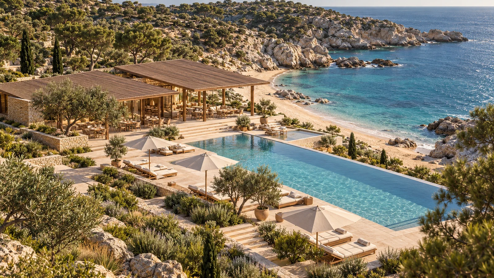 Restaurant panoramique et piscine à débordement face à une crique de Sardaigne