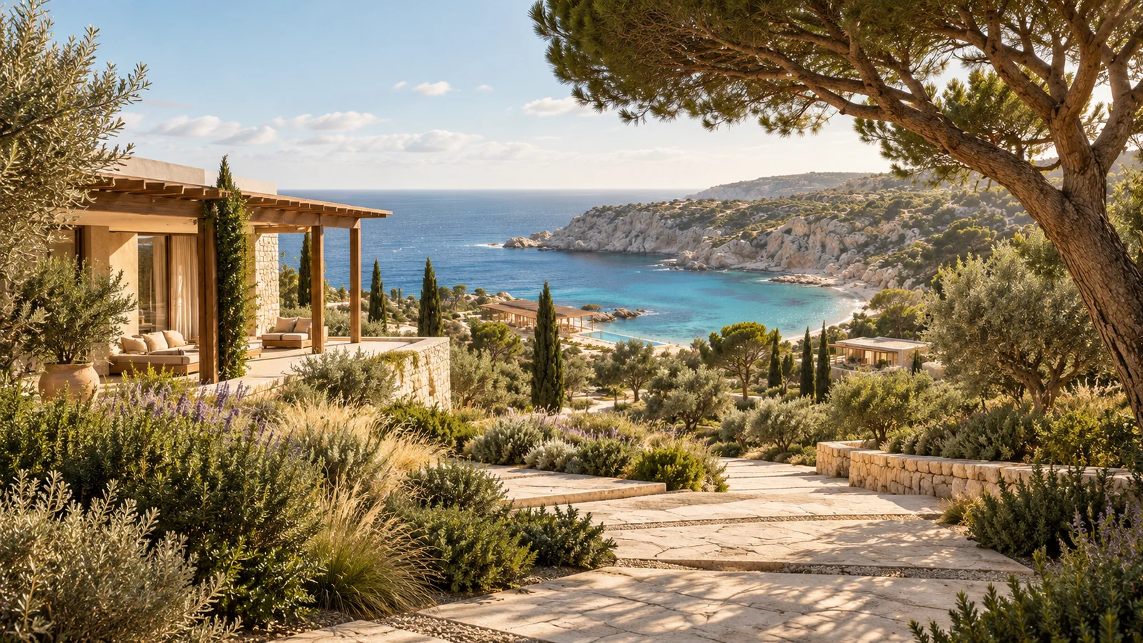 Jardin méditerranéen paysager reliant les suites d’un resort à la mer