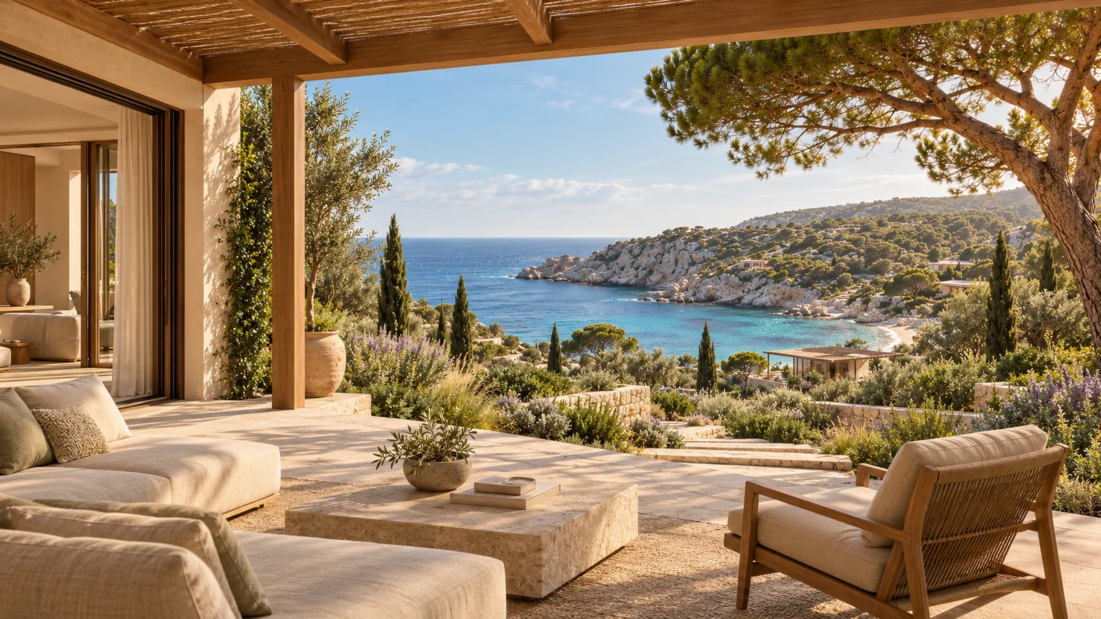 Terrasse privée d’une villa de resort ouverte sur la mer et la crique