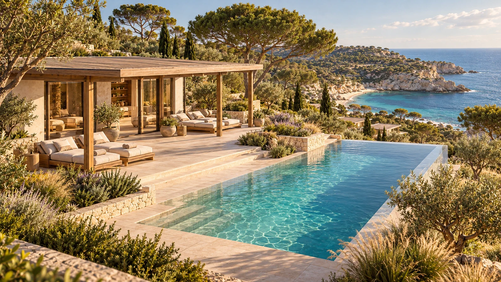 Spa extérieur avec piscine à débordement dans un paysage de Sardaigne