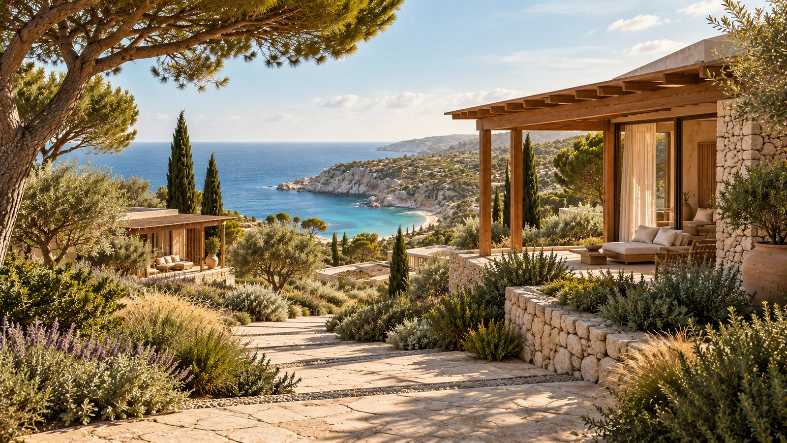 Suites de resort intégrées dans des jardins méditerranéens en terrasse