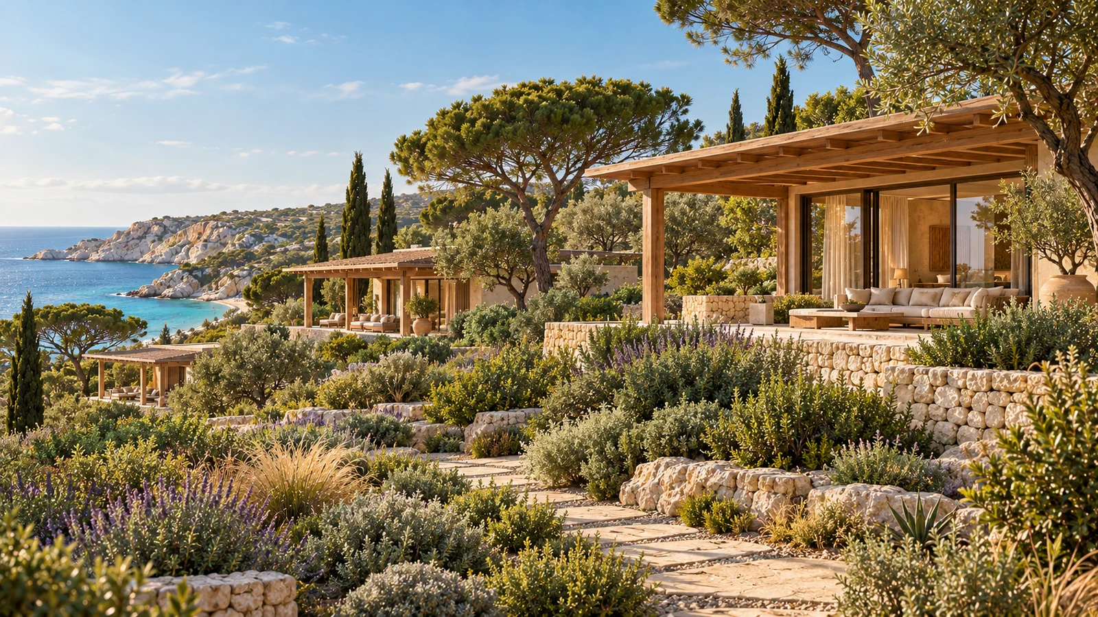 Panorama sur plusieurs suites de luxe au milieu d’un jardin méditerranéen
