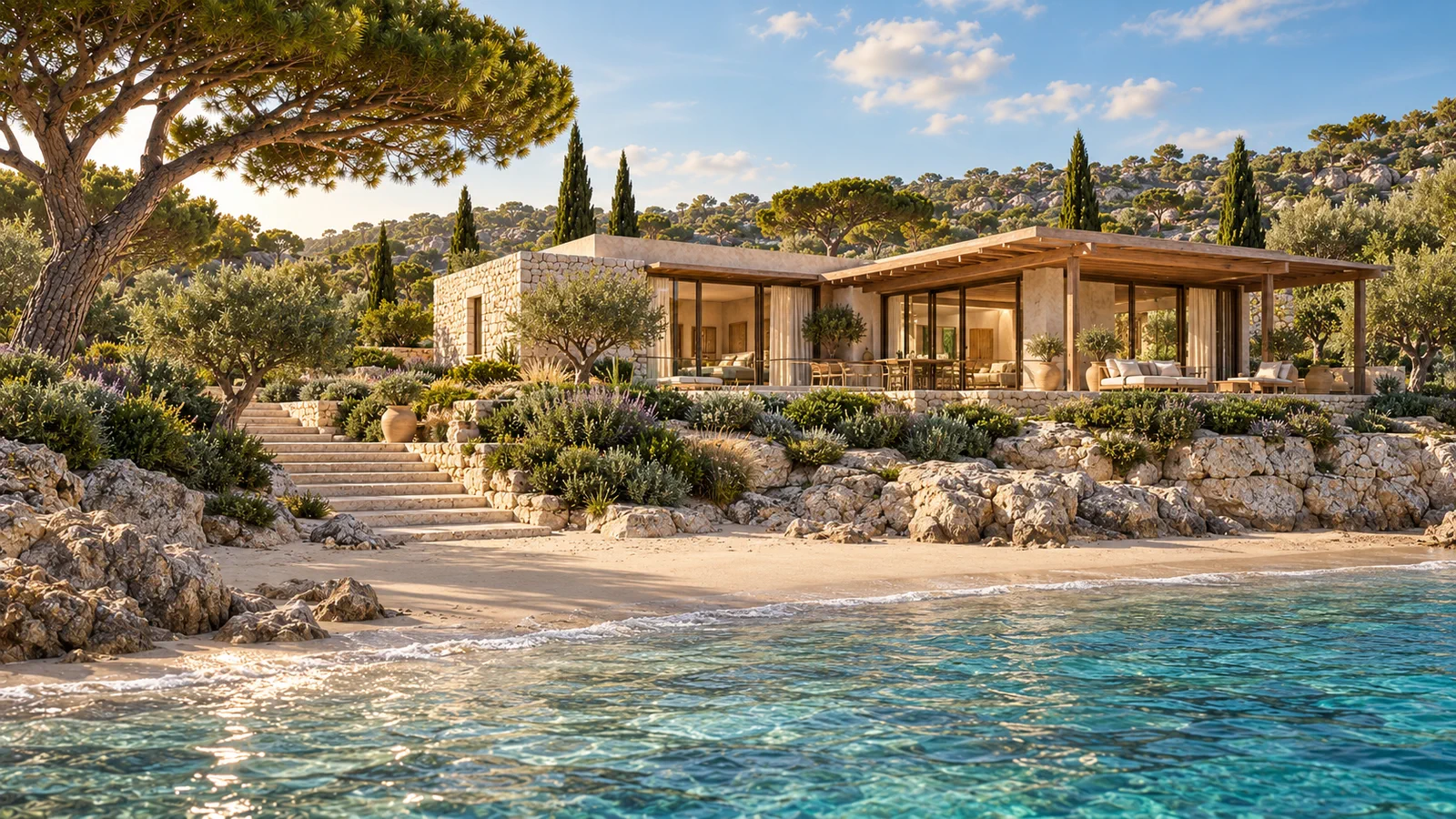 Villa contemporaine en pierre et bois implantée au bord d’une crique méditerranéenne