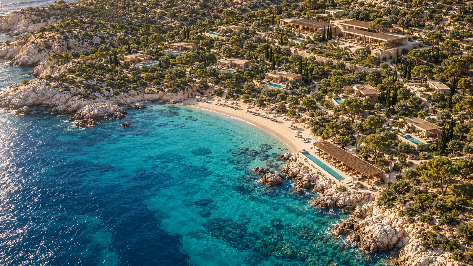 Vue aérienne de la crique, de la plage et du masterplan de Cala Luce Resort