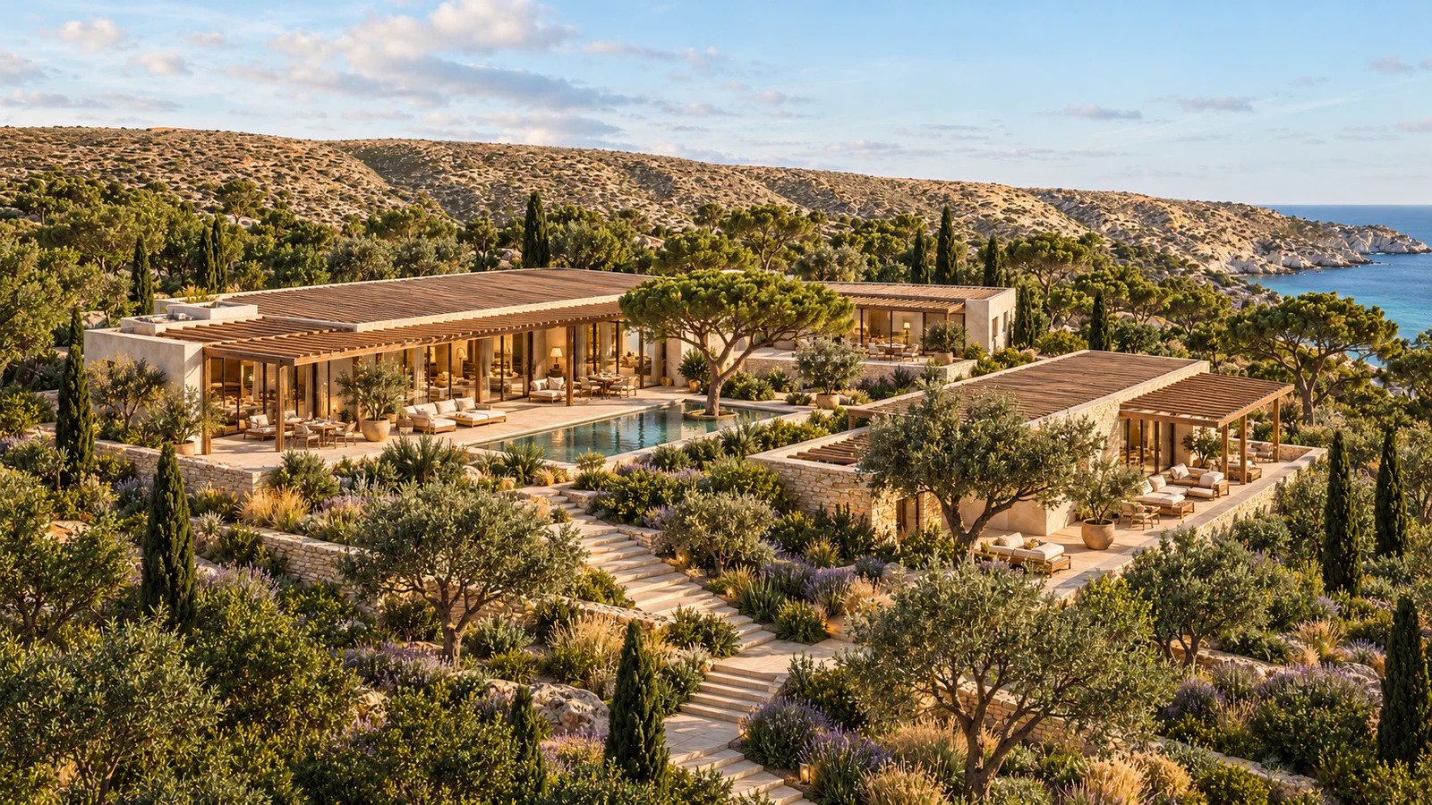 Vue aérienne rapprochée du pavillon principal, de sa piscine et des jardins