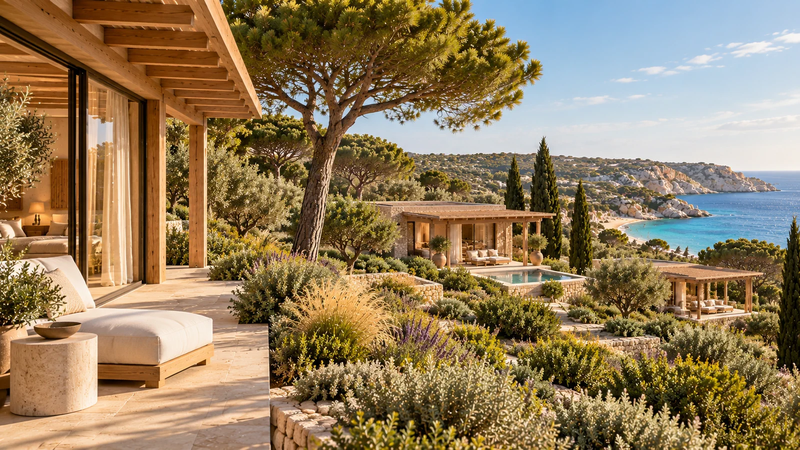 Terrasses de suites privées orientées vers la crique et le paysage méditerranéen