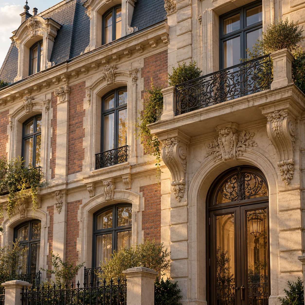 Détail architectural d’une façade patrimoniale avec ferronneries et ornements en pierre