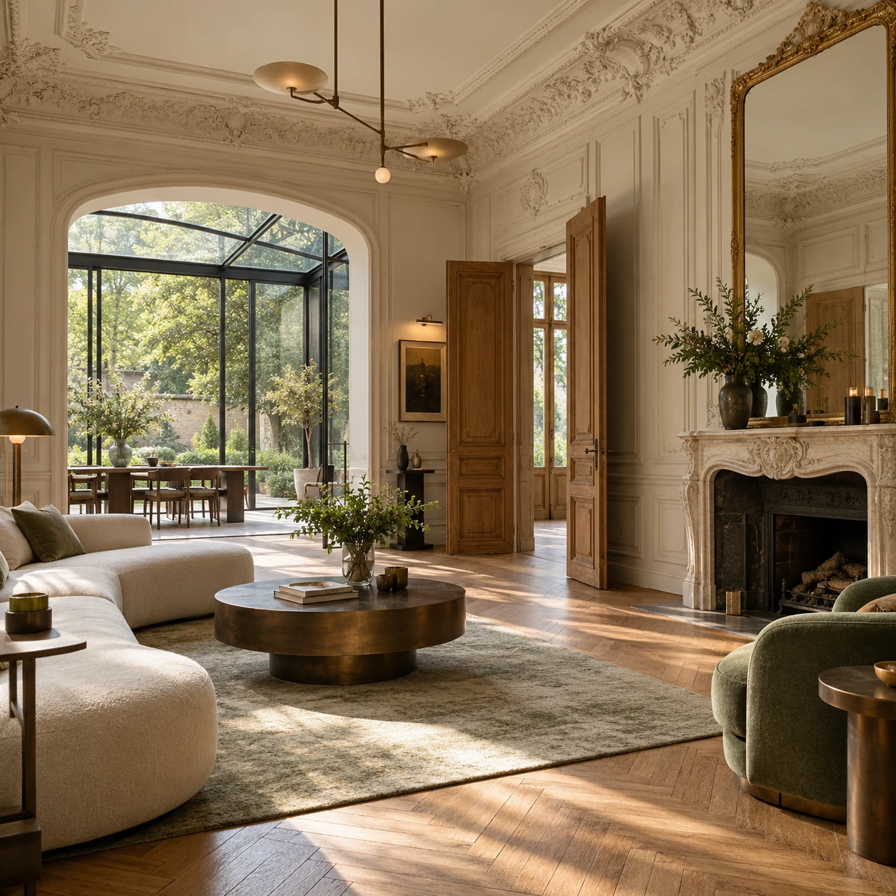 Perspective intérieure d’un salon patrimonial rénové ouvert sur une extension vitrée