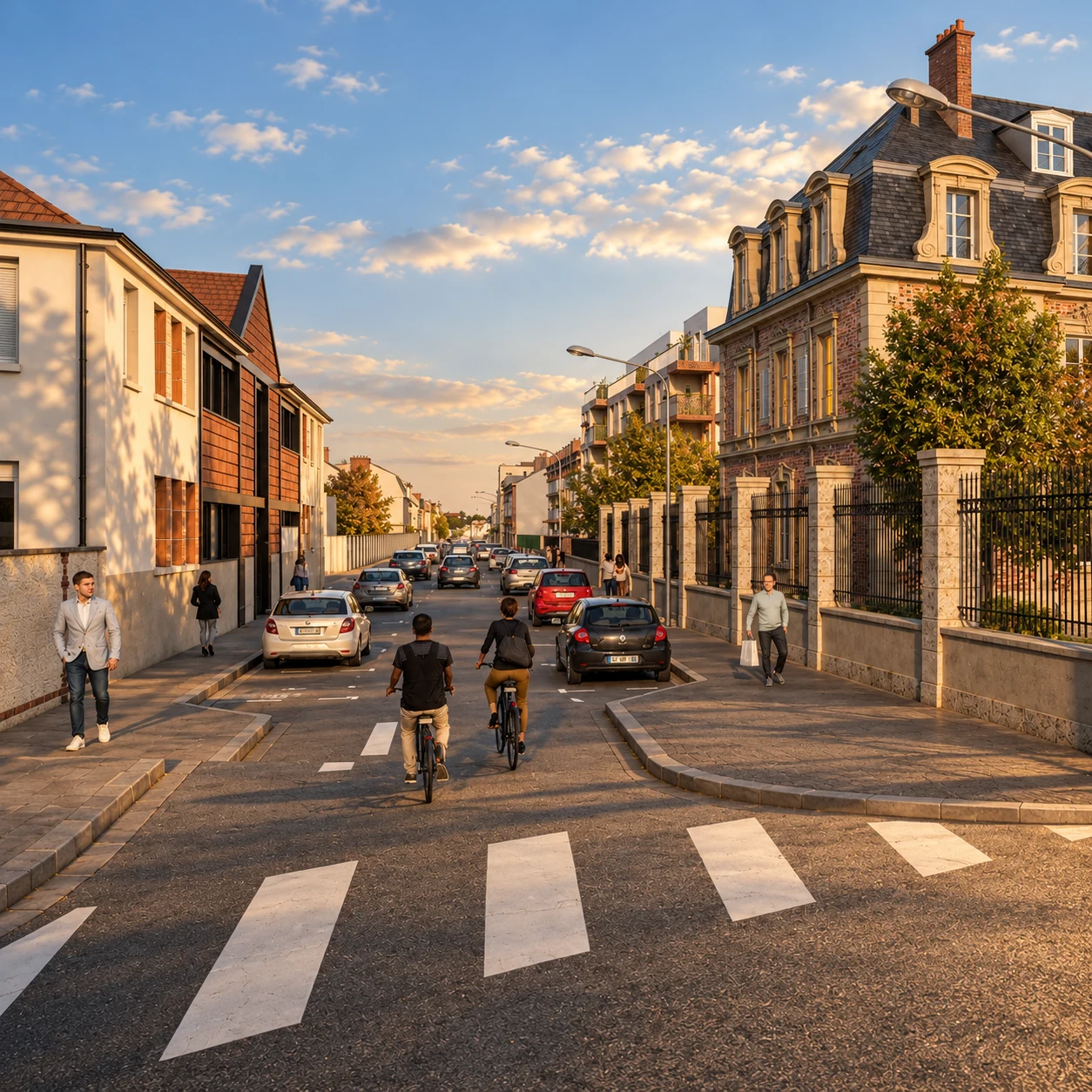 Vue urbaine d’un bâtiment patrimonial réhabilité dans une rue résidentielle française