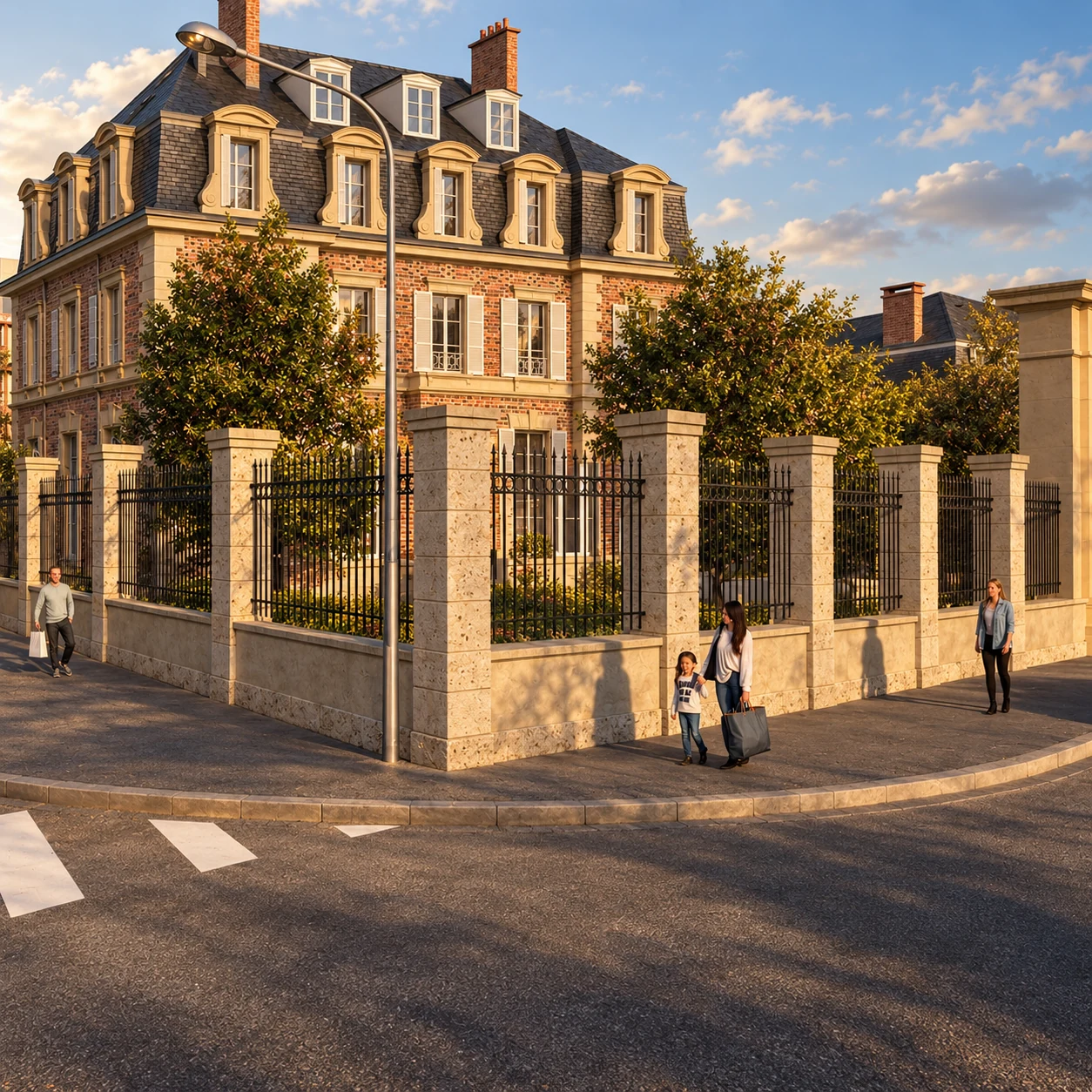Perspective de la façade et de sa clôture dans un contexte urbain habité