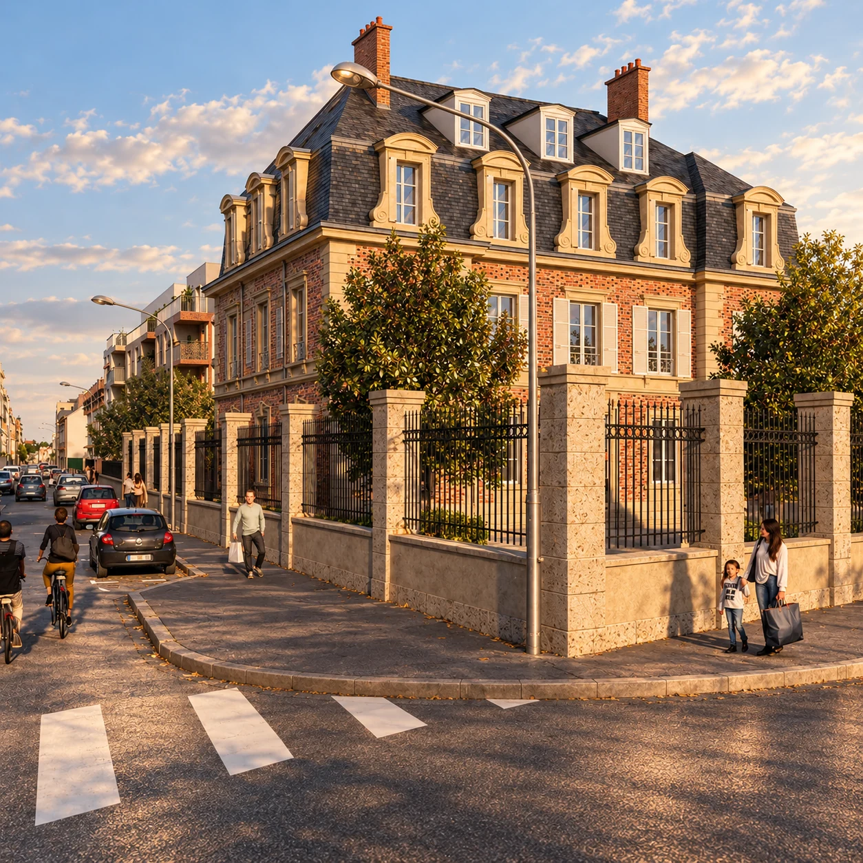 Vue principale d’une réhabilitation patrimoniale en angle de rue