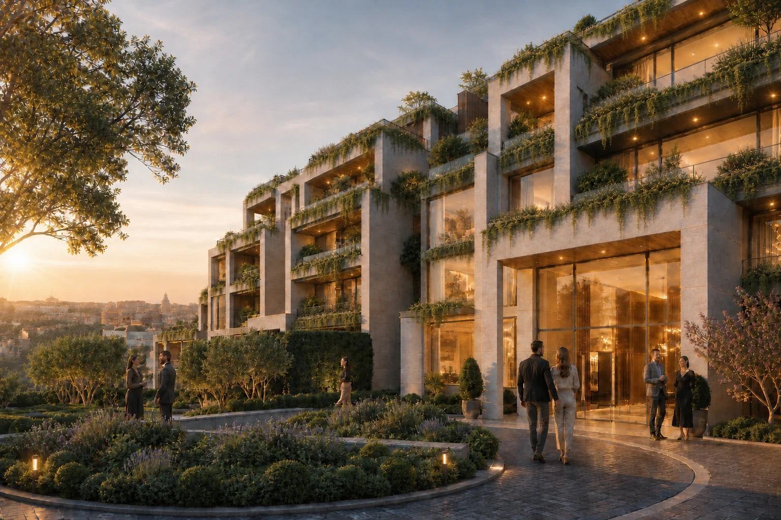 CGI concept for a landscaped residential development, animated by elegant residents