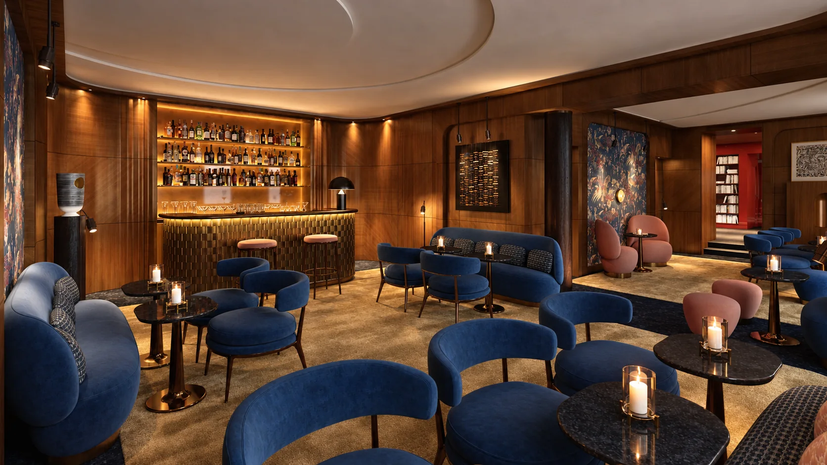 Perspective 3D nocturne d’un bar lounge haut de gamme aux assises bleues et éclairage chaleureux