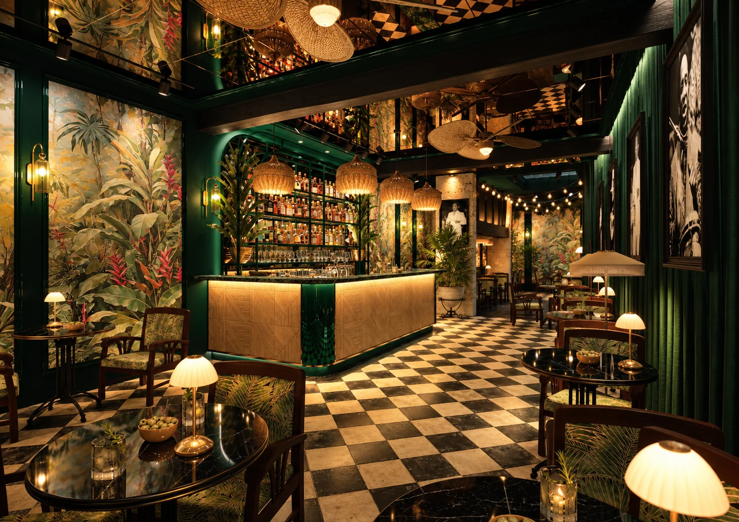 Visualisation architecturale d’un bar tropical aux miroirs, boiseries vertes et suspensions lumineuses
