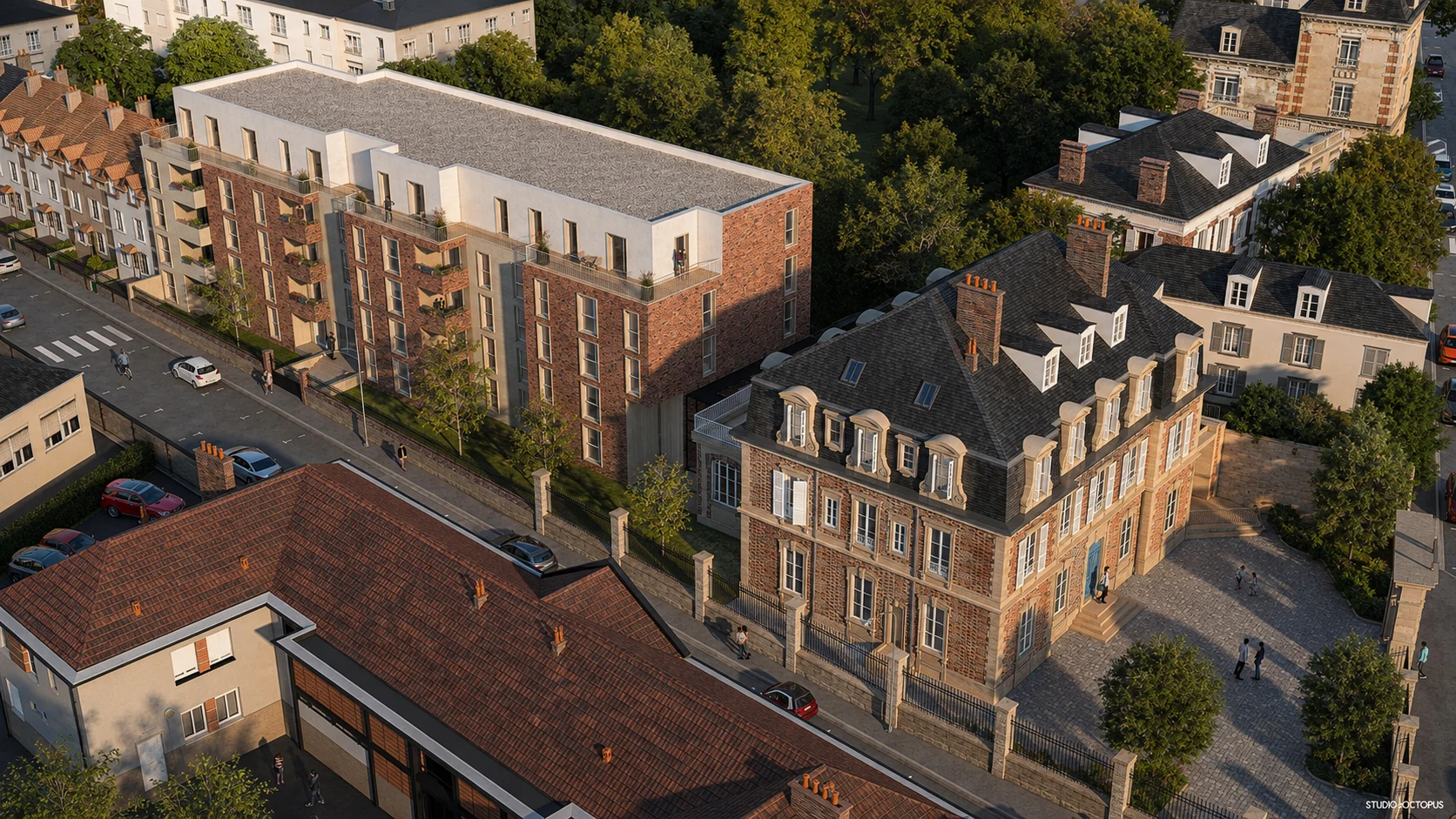 Vue aérienne 3D d’un projet immobilier contemporain intégré à un ensemble urbain patrimonial