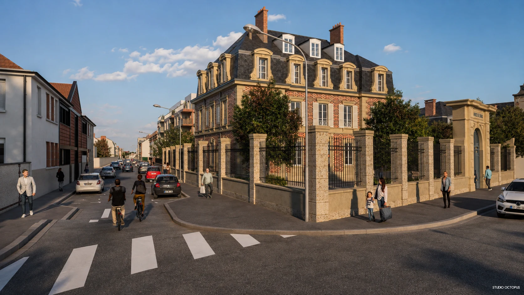 Perspective architecturale extérieure d’un bâtiment patrimonial réhabilité dans son contexte urbain