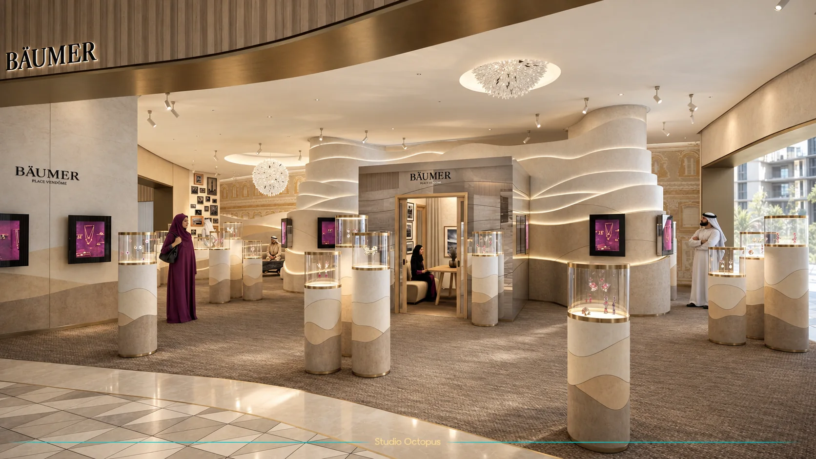 Perspective 3D d’une boutique de joaillerie de luxe aux présentoirs sculpturaux et éclairage intégré