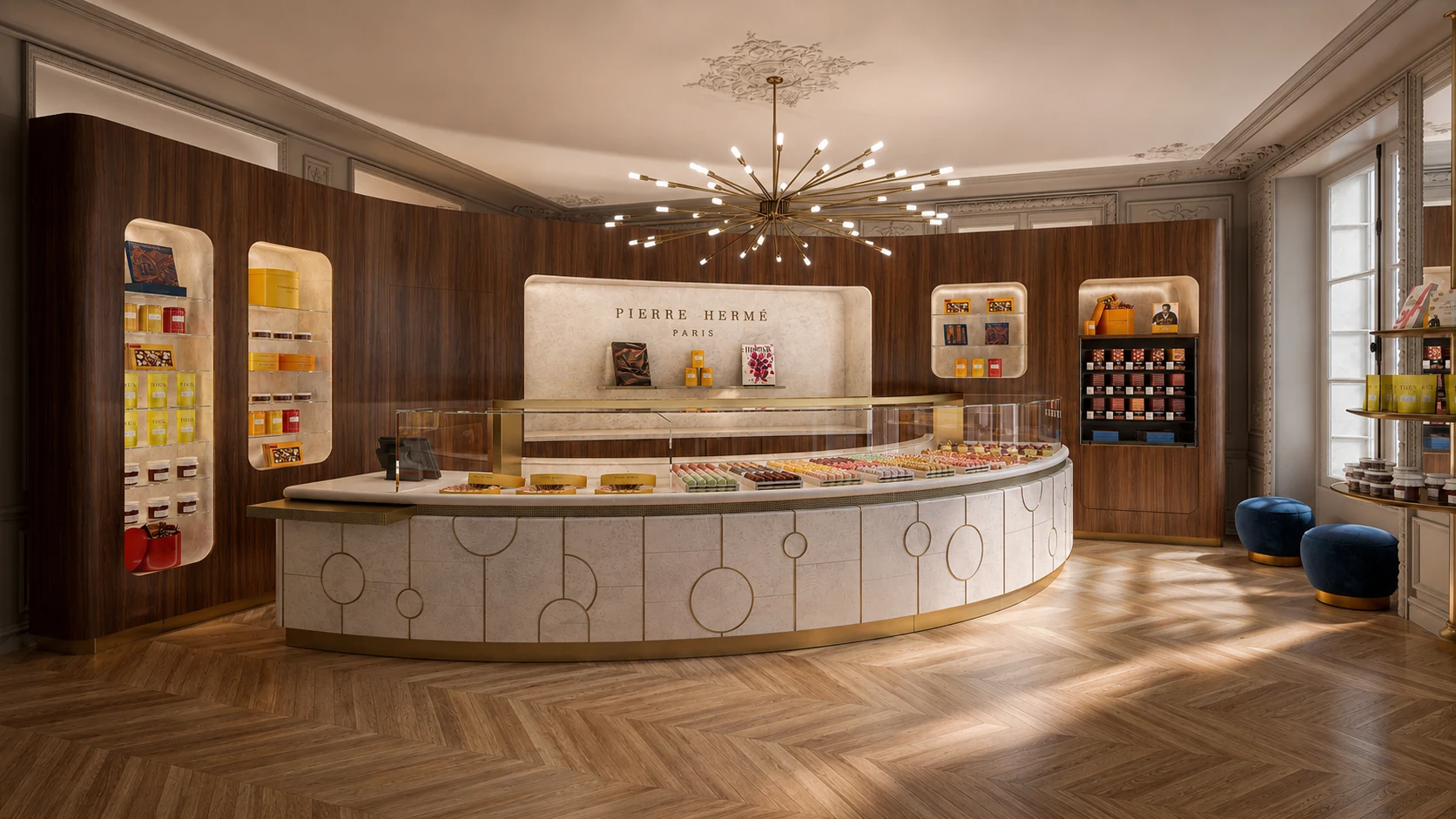 Perspective 3D d’une boutique de luxe parisienne avec comptoir courbe, bois et détails dorés