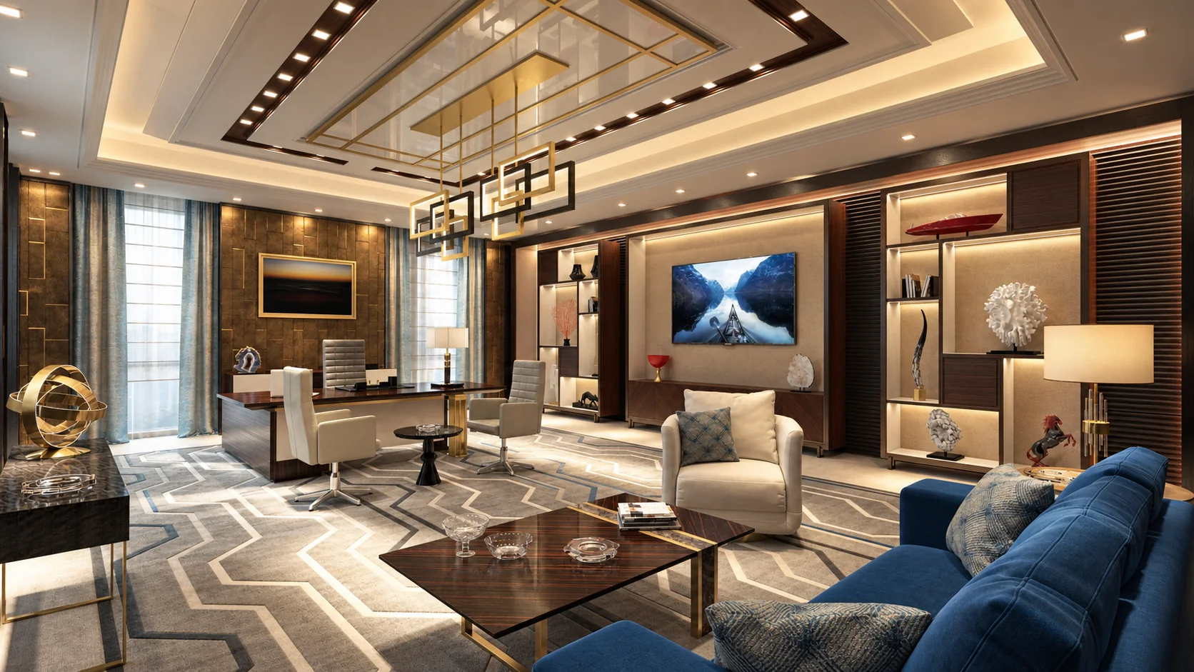 Image CGI d’un grand bureau résidentiel contemporain avec mobilier sur mesure et assises bleu profond