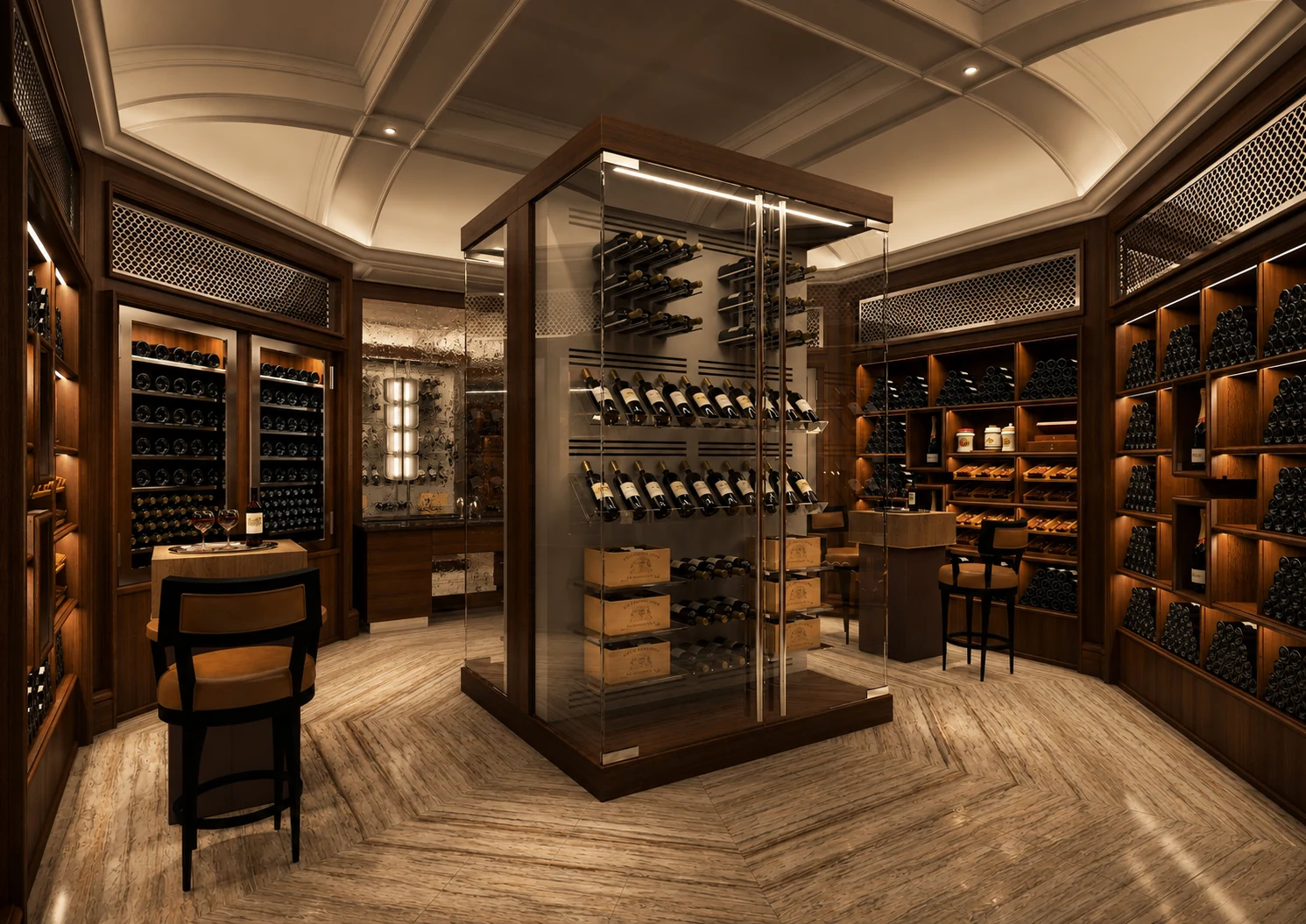 Image 3D d’une cave à vin haut de gamme avec menuiseries en bois et vitrine centrale