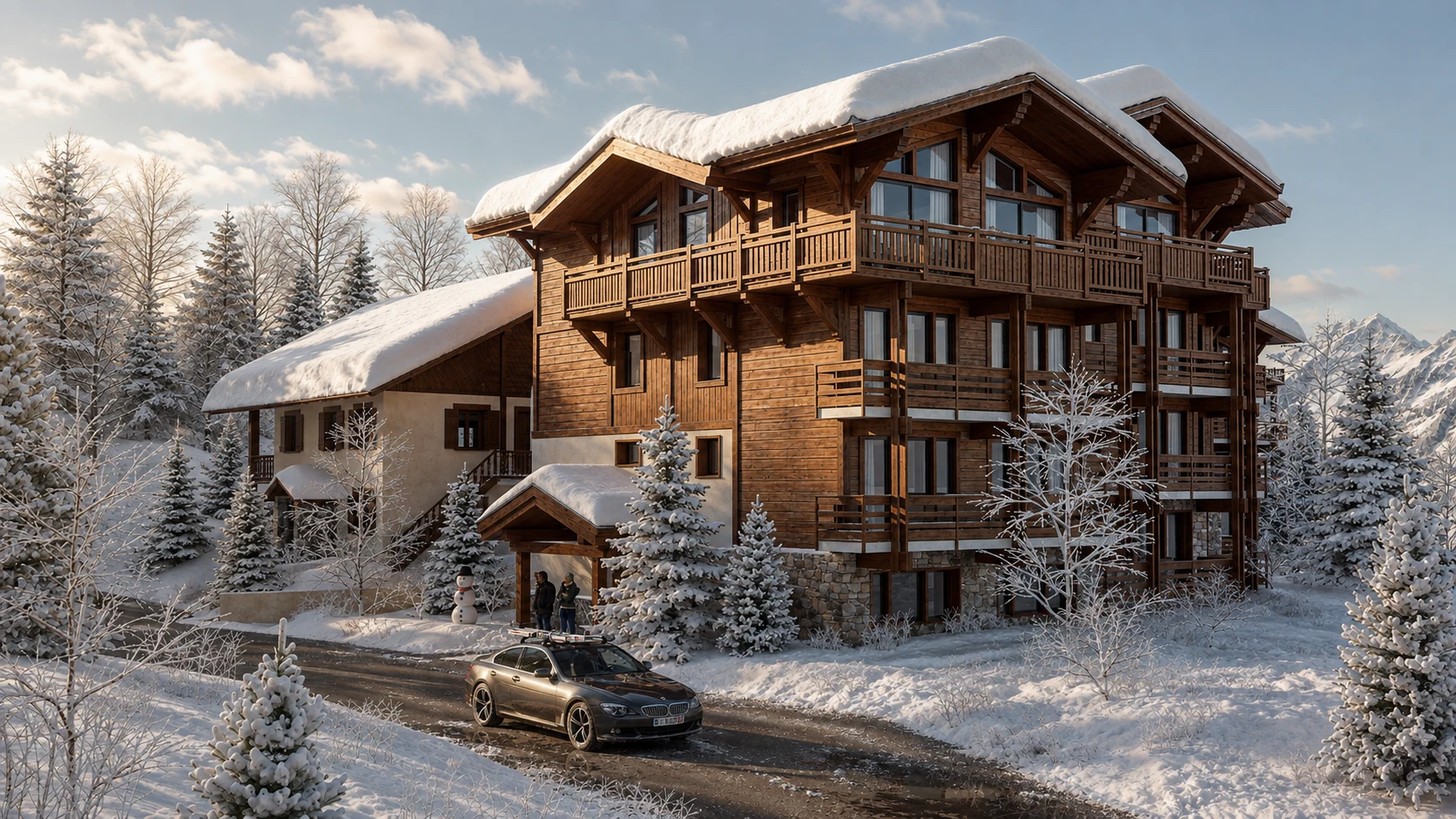 Perspective 3D extérieure d’un chalet haut de gamme entouré d’un paysage de montagne enneigé