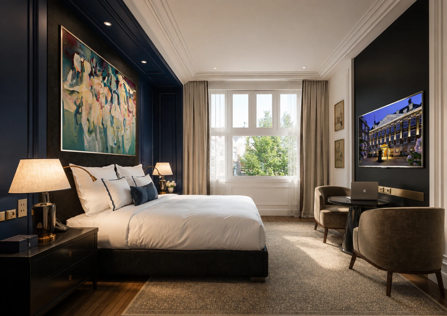 Rendu 3D d’une chambre d’hôtel haut de gamme aux boiseries bleu nuit et détails dorés