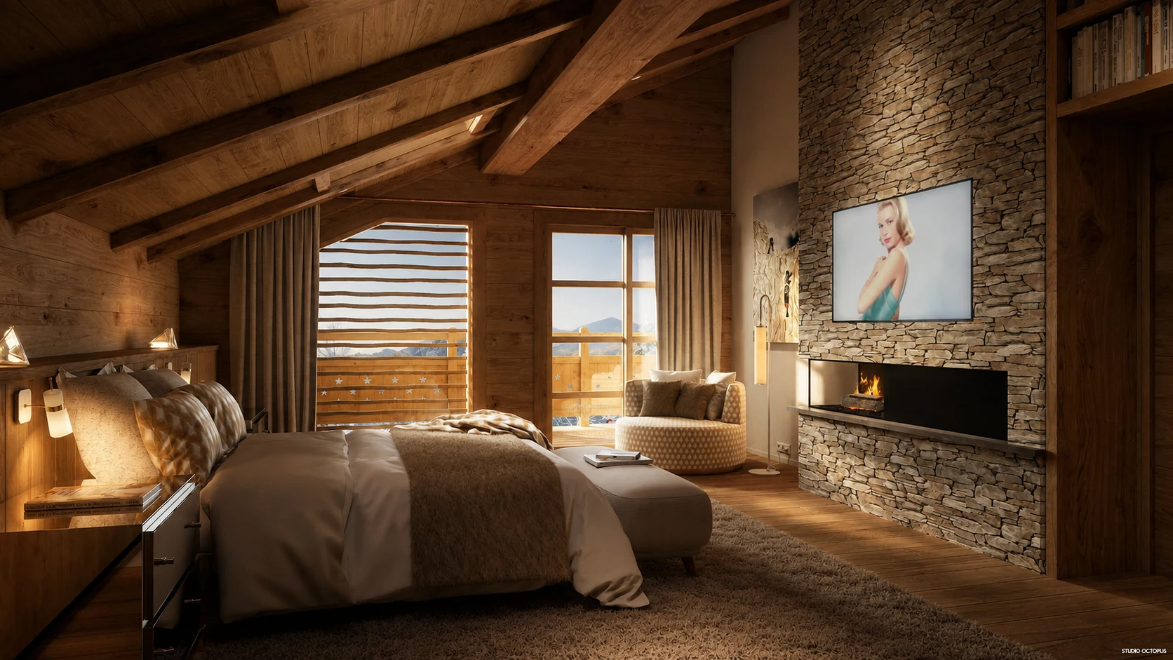 Rendu photoréaliste d’une chambre de chalet en bois avec cheminée en pierre et lumière chaude