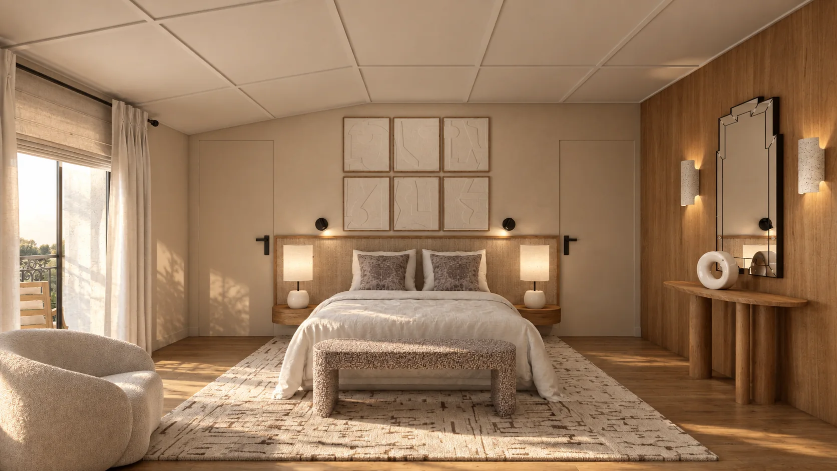 Image 3D photoréaliste d’une chambre contemporaine épurée avec boiseries et lumière naturelle