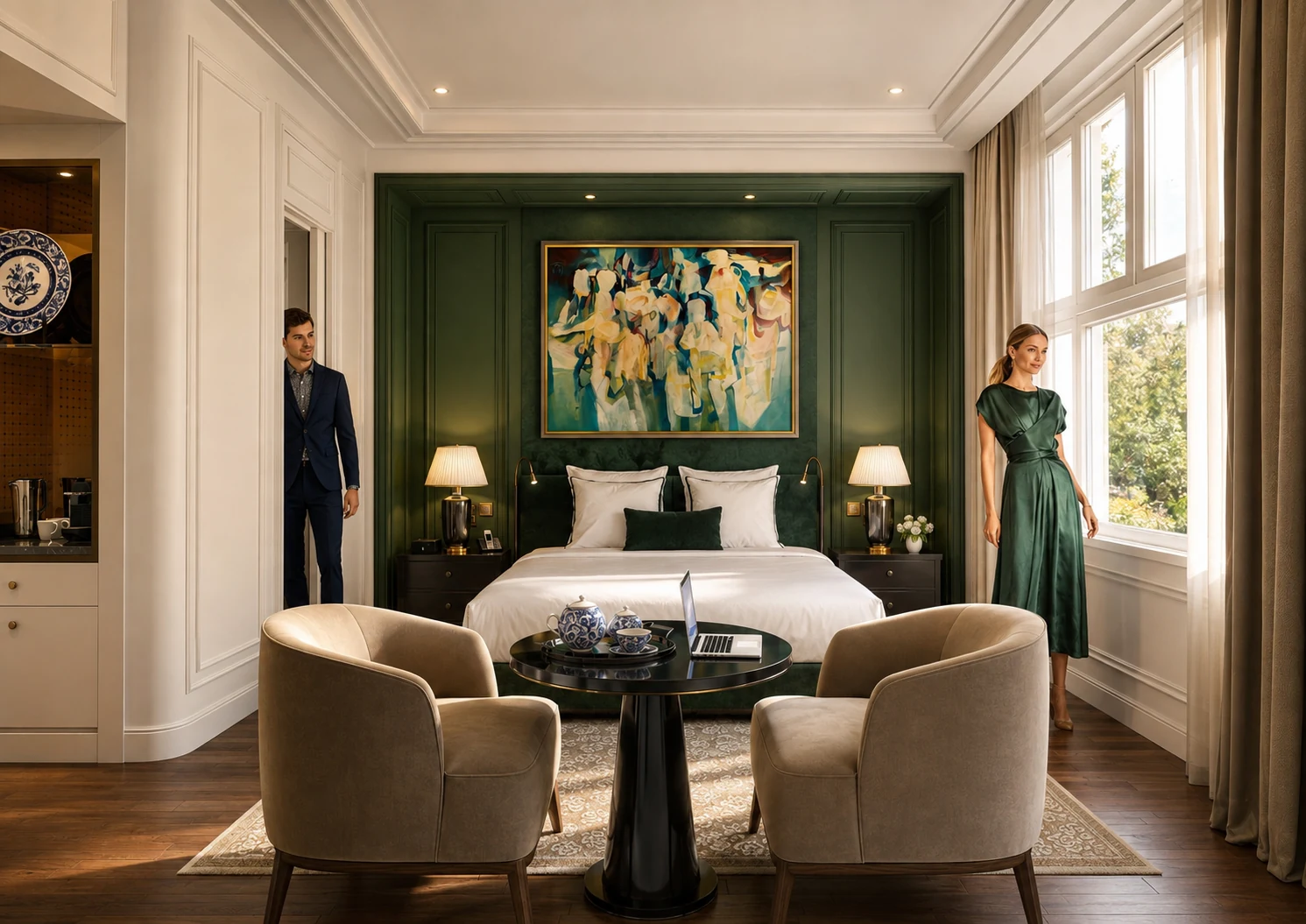 Perspective 3D d’une chambre d’hôtel élégante aux boiseries vertes et à la lumière naturelle