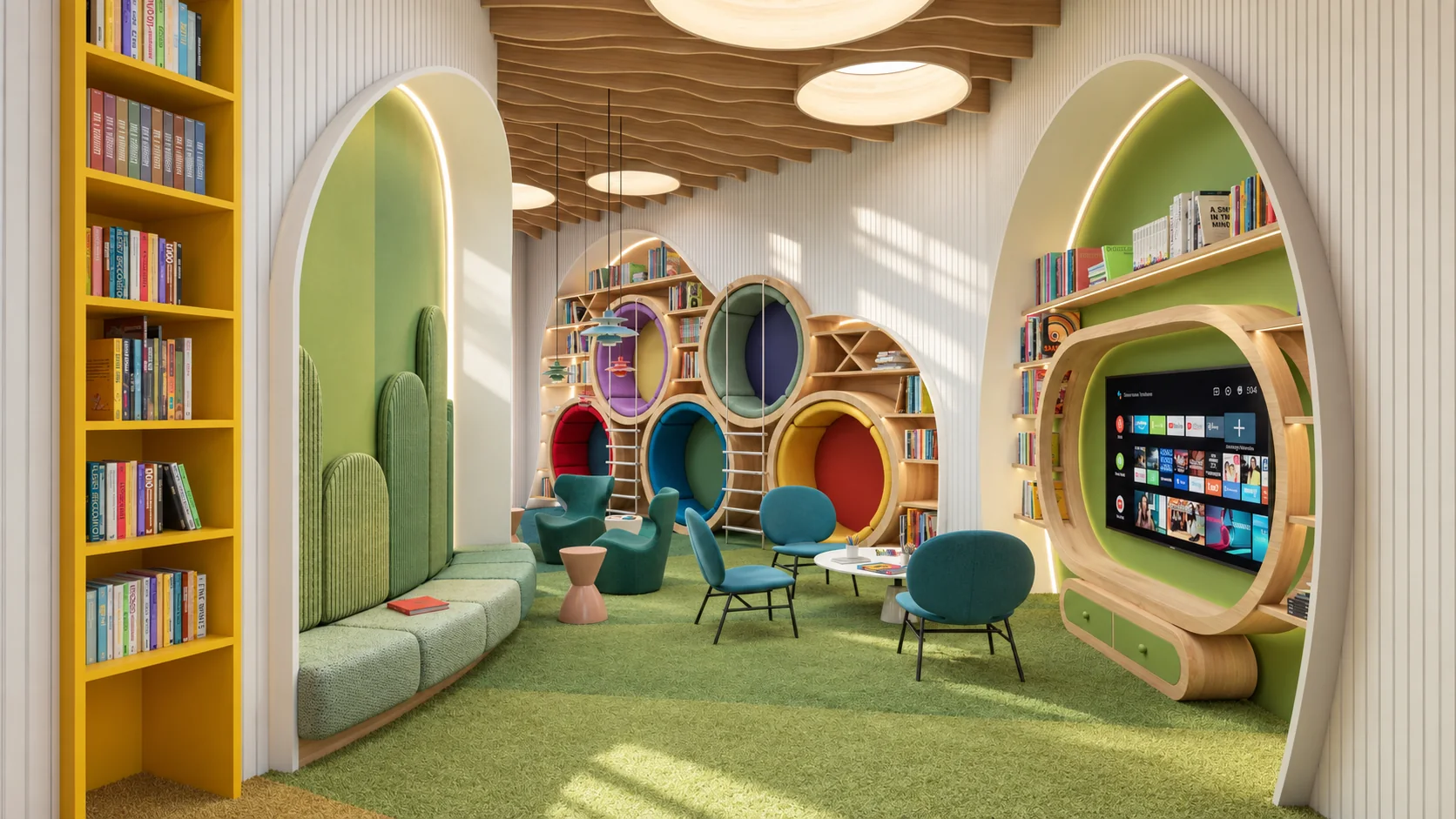 Image 3D lumineuse d’un espace de lecture pour enfants avec niches colorées et mobilier intégré