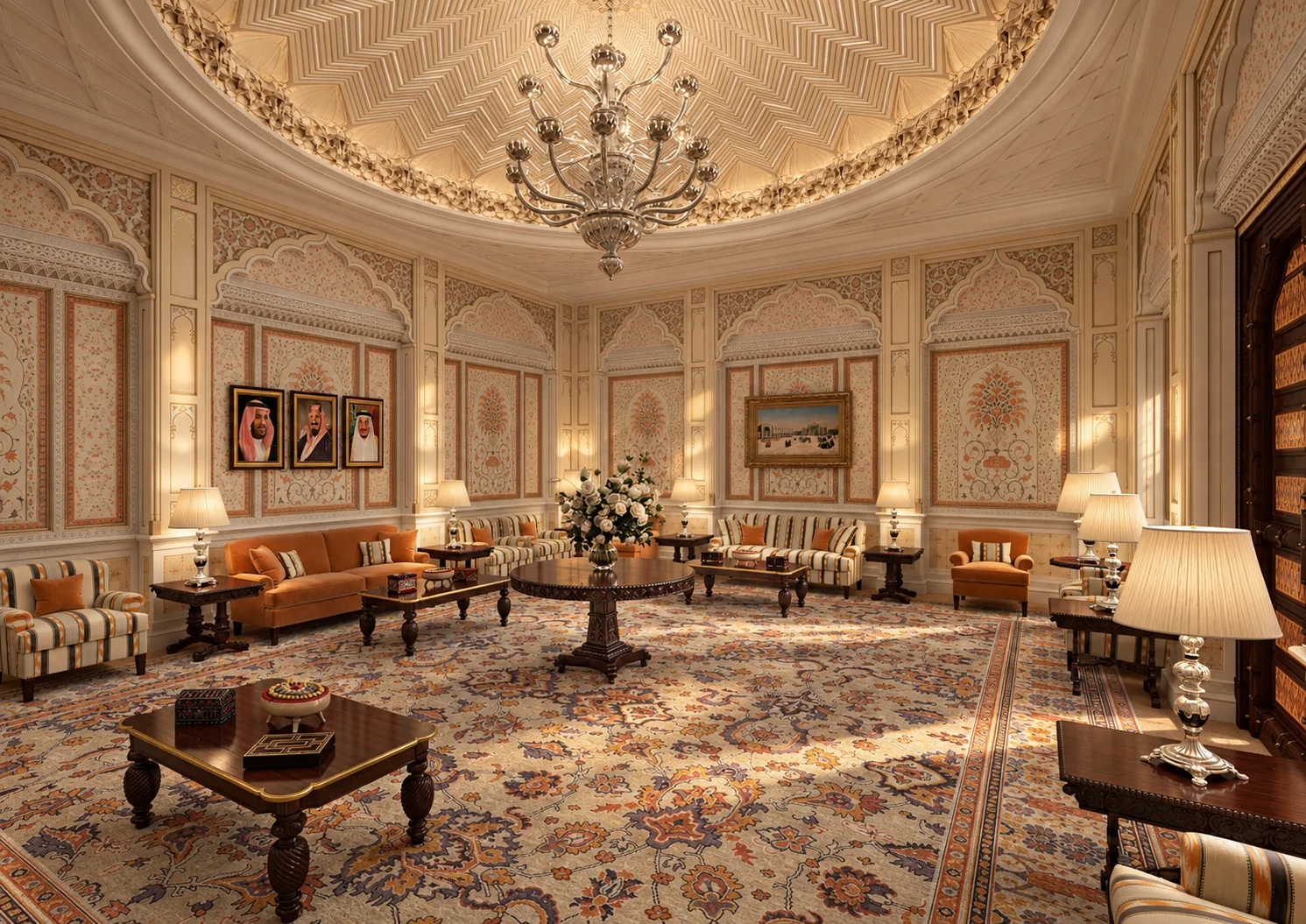 Visualisation 3D d’un grand salon patrimonial avec moulures, lustre, mobilier classique et lumière chaude