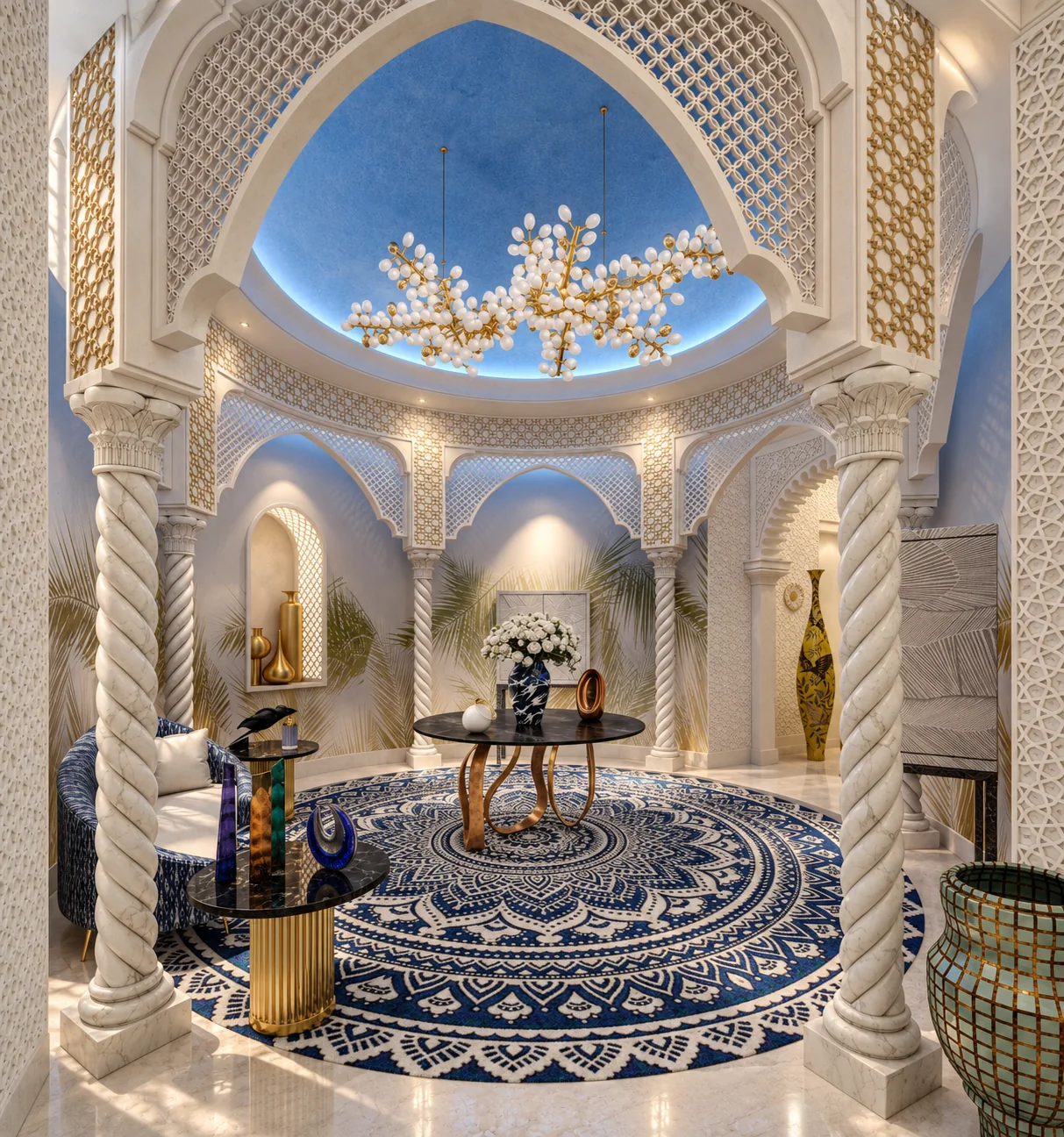 Rendu 3D vertical d’un hall de palace d’inspiration mauresque avec coupole bleue et mosaïque