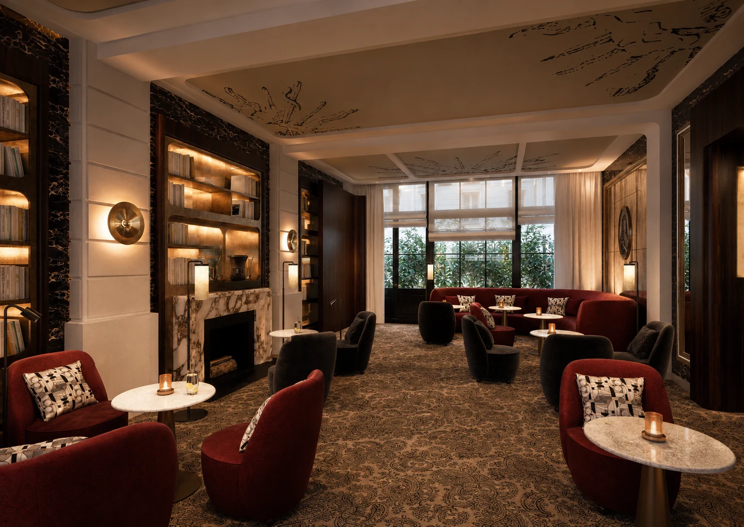 Rendu CGI d’un lobby d’hôtel haut de gamme avec salons, marbre sombre et lumière chaleureuse