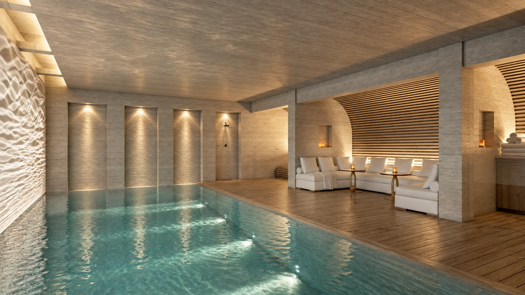 Visualisation 3D d’une piscine intérieure de luxe avec parois minérales, plafond bois et espace de détente