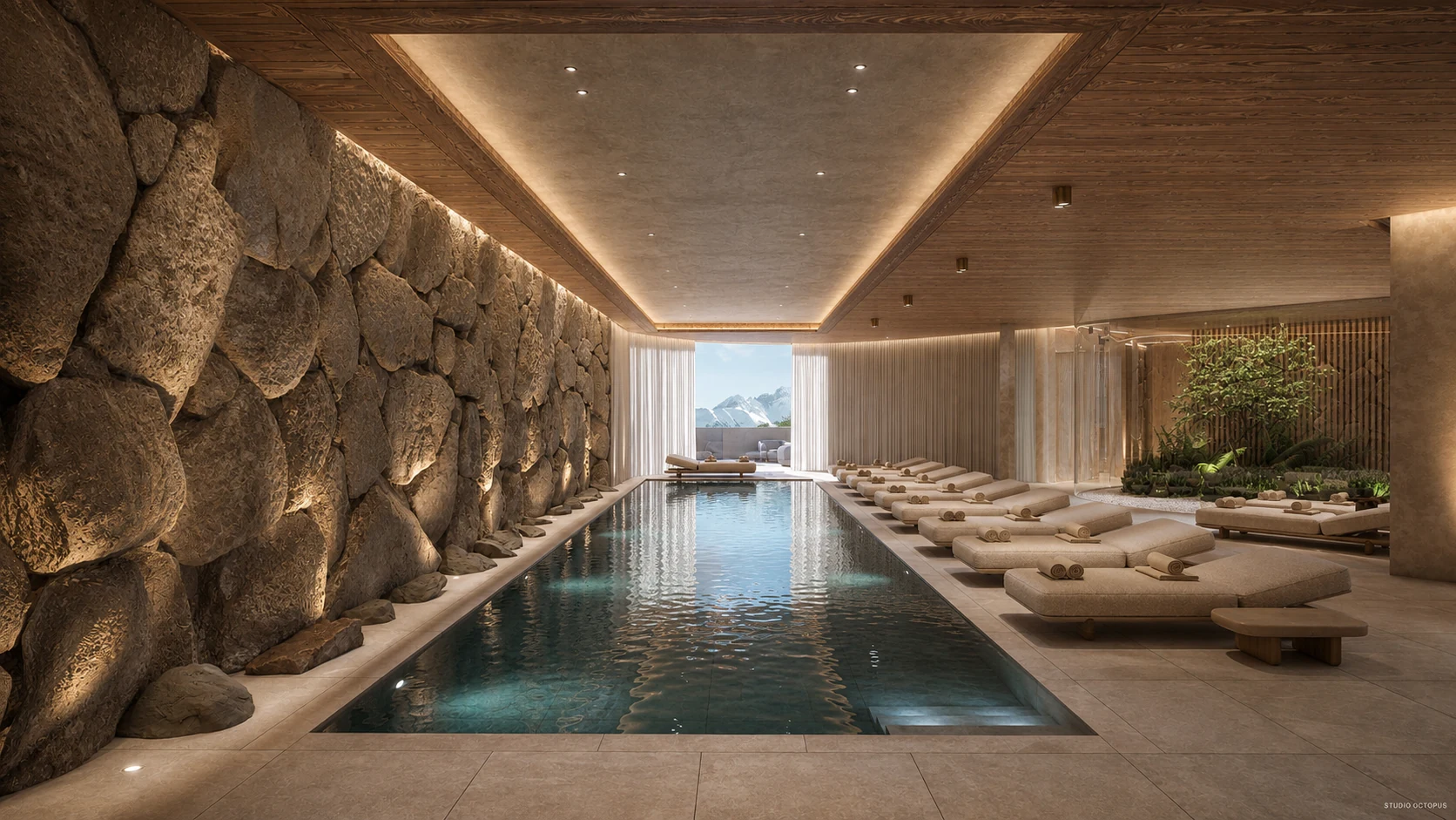 Visualisation 3D d’une piscine intérieure et d’un spa alpin ouverts sur les montagnes