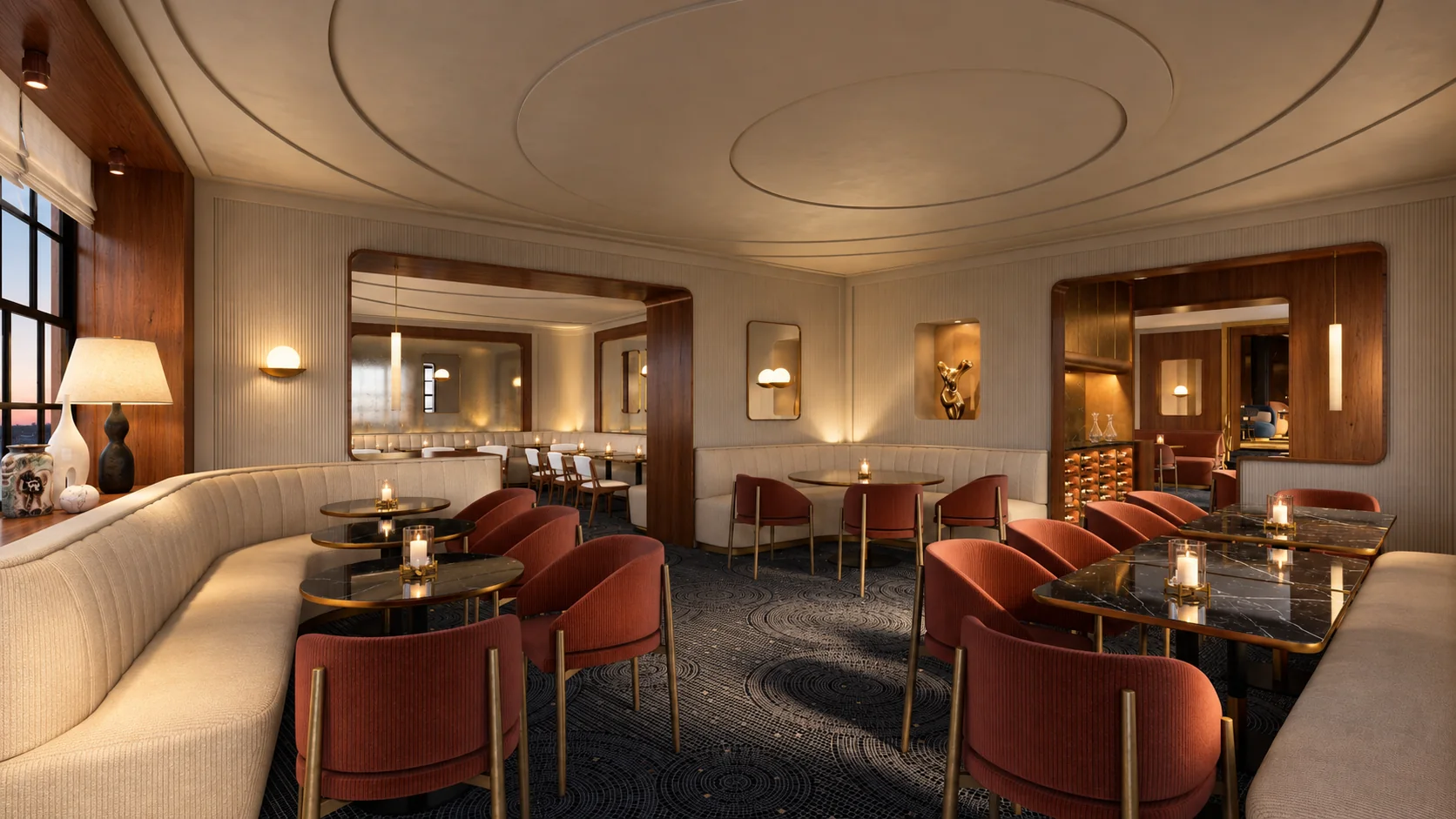 Image CGI d’un restaurant raffiné aux banquettes courbes, boiseries et lumière douce