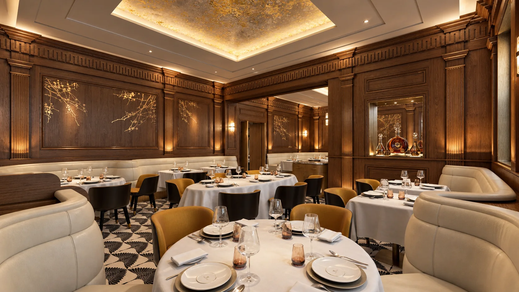Perspective CGI d’un restaurant haut de gamme aux boiseries sculptées et tables élégamment dressées