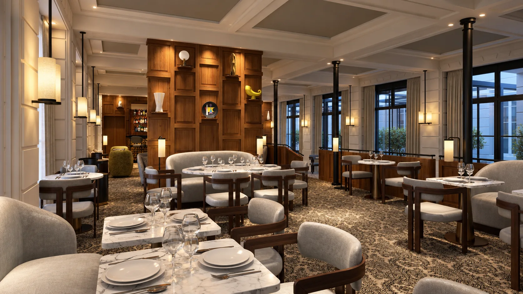 Visualisation 3D d’un restaurant contemporain lumineux avec tables dressées et larges baies vitrées