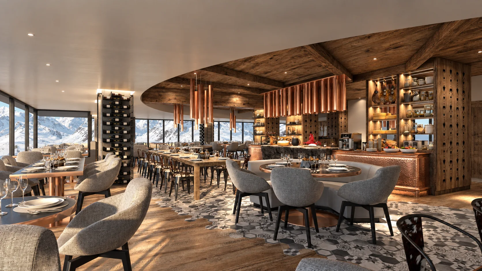 Perspective 3D d’un restaurant de montagne haut de gamme avec cuisine ouverte, bois et vues panoramiques