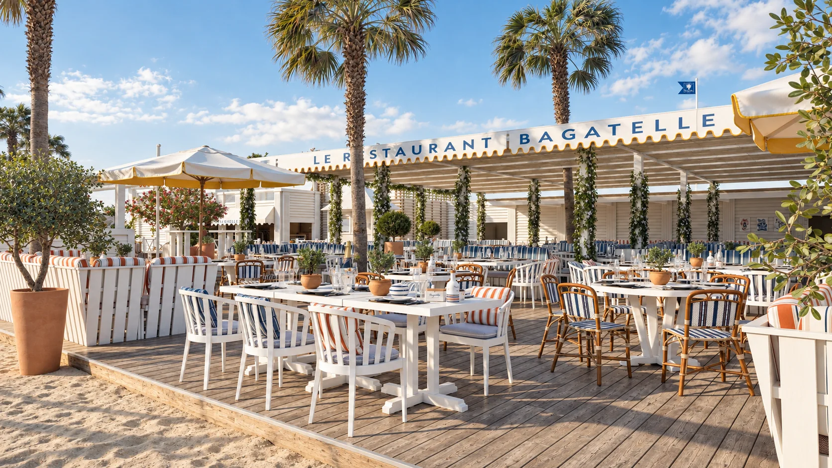 Image 3D d’une terrasse de restaurant chic en bord de mer avec palmiers et mobilier extérieur