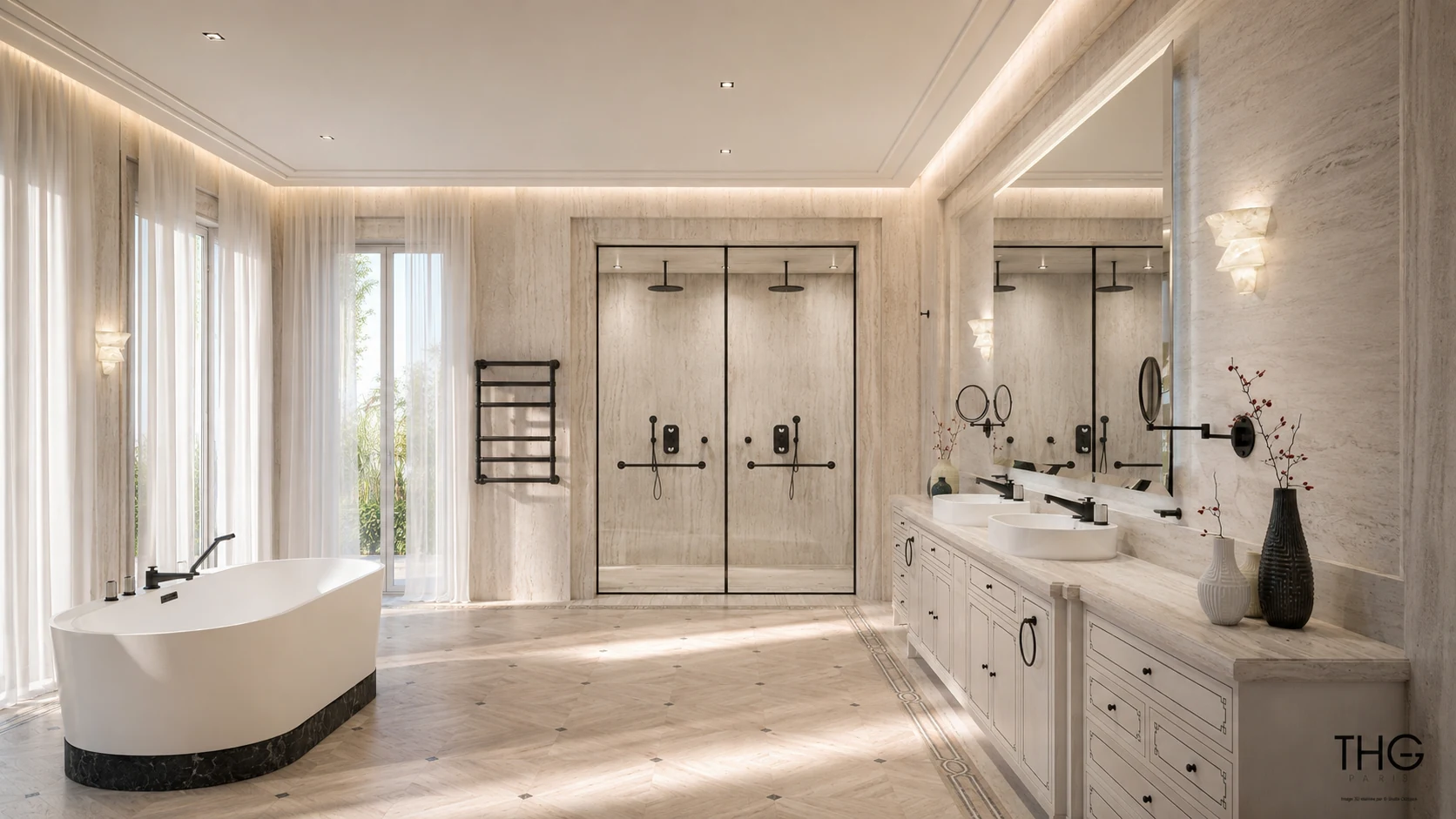 Rendu 3D d’une salle de bains haut de gamme en pierre claire avec baignoire et double douche