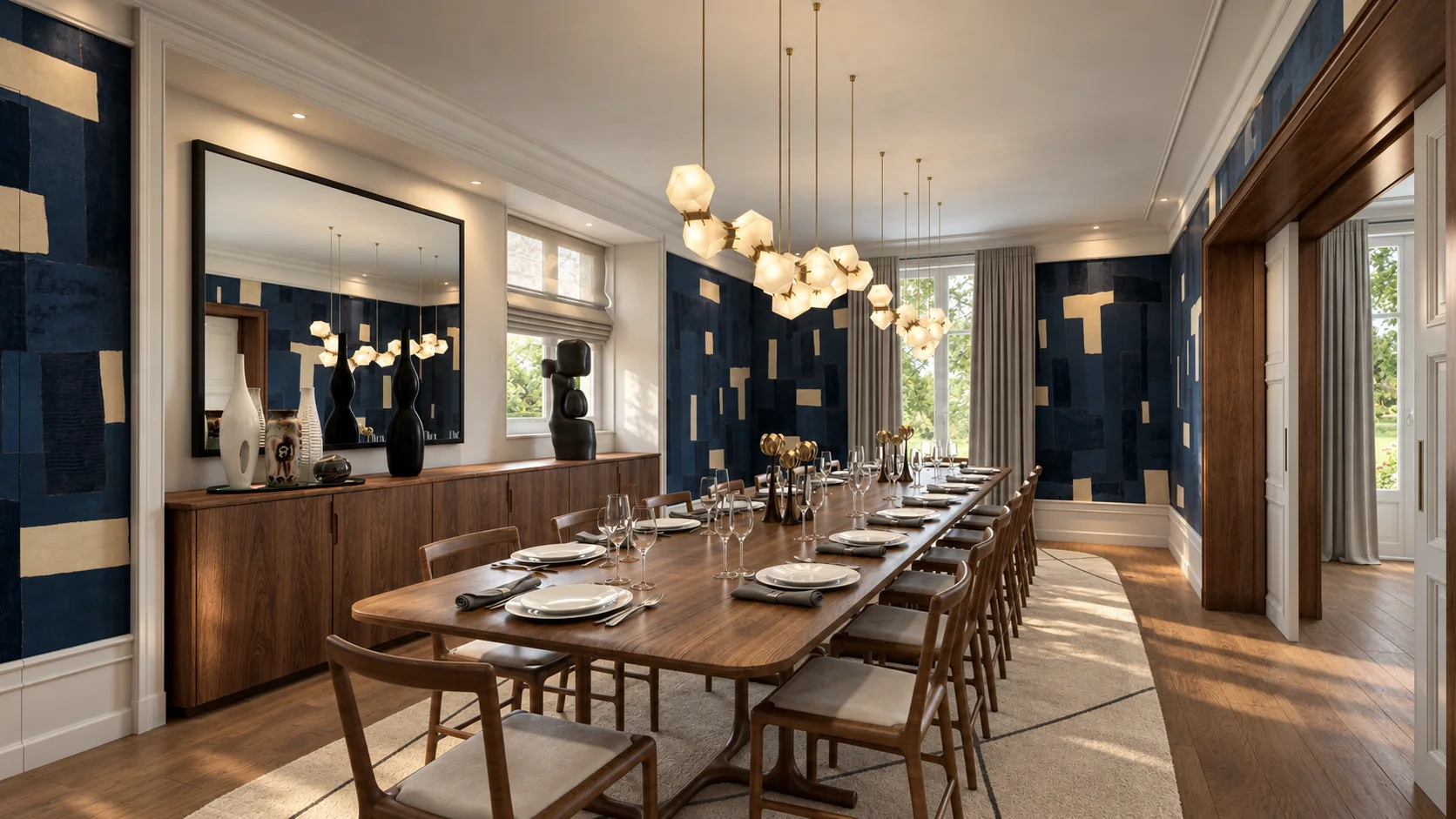 Rendu architectural d’une salle à manger élégante aux murs bleu profond, suspensions et mobilier graphique