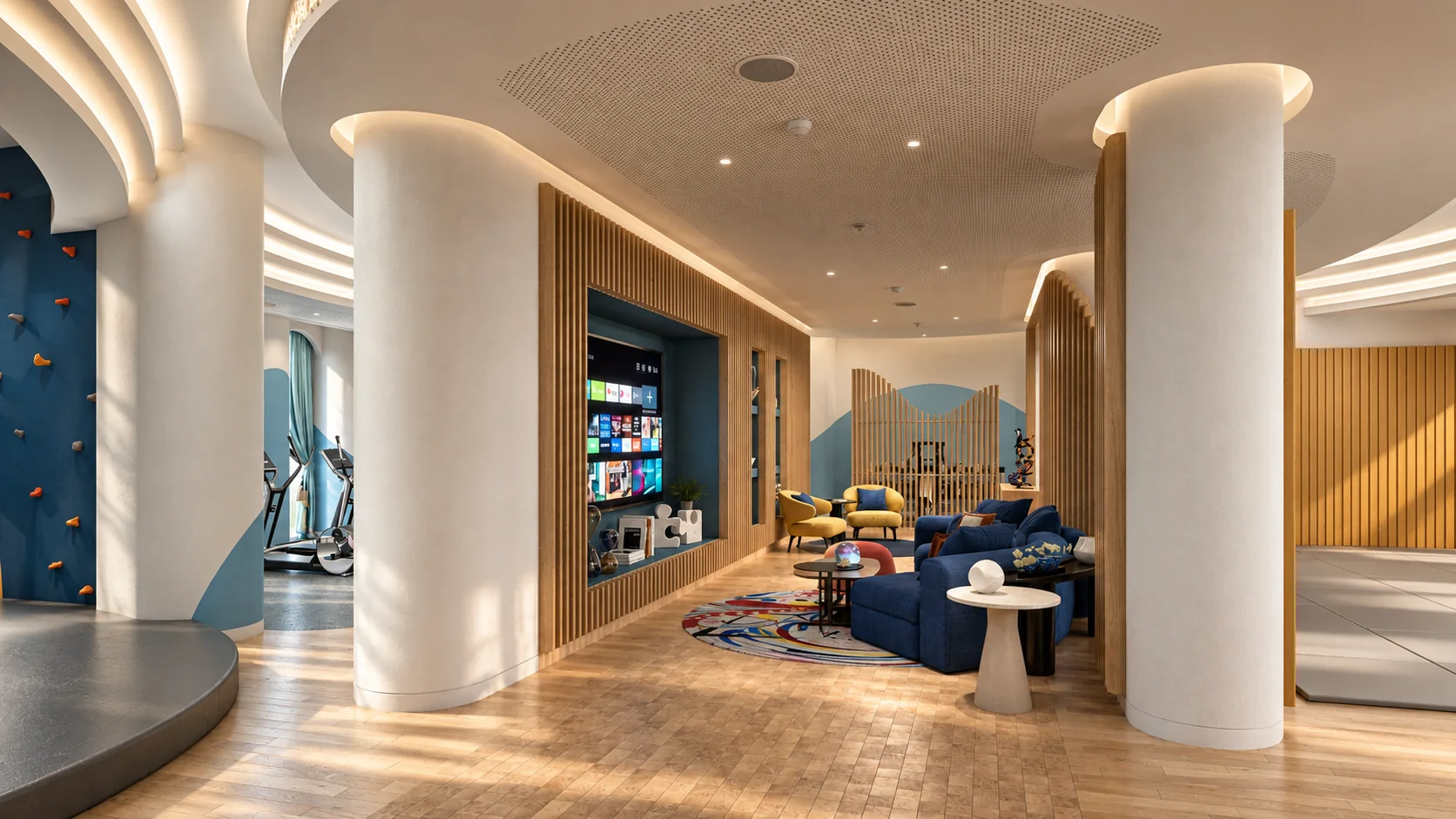 Rendu 3D haut de gamme d’une salle de sport privée ouverte sur un lounge aux lignes courbes