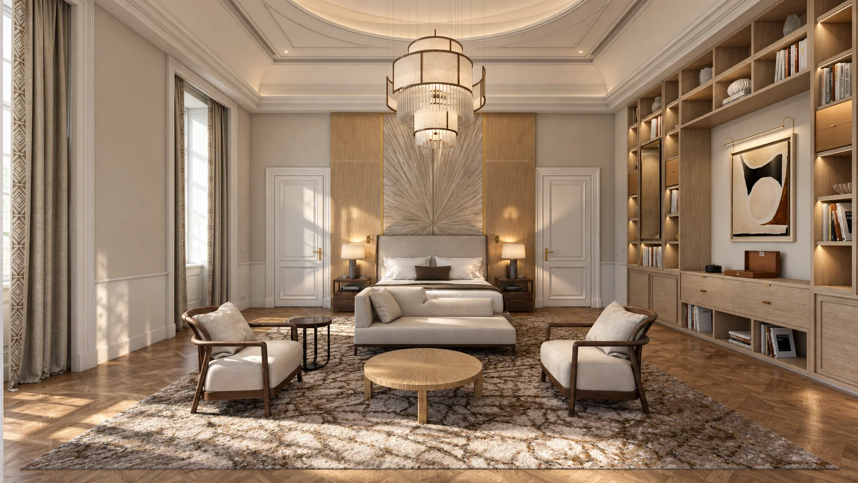 Rendu CGI d’un salon contemporain lumineux avec bibliothèque intégrée, cheminée et mobilier sur mesure