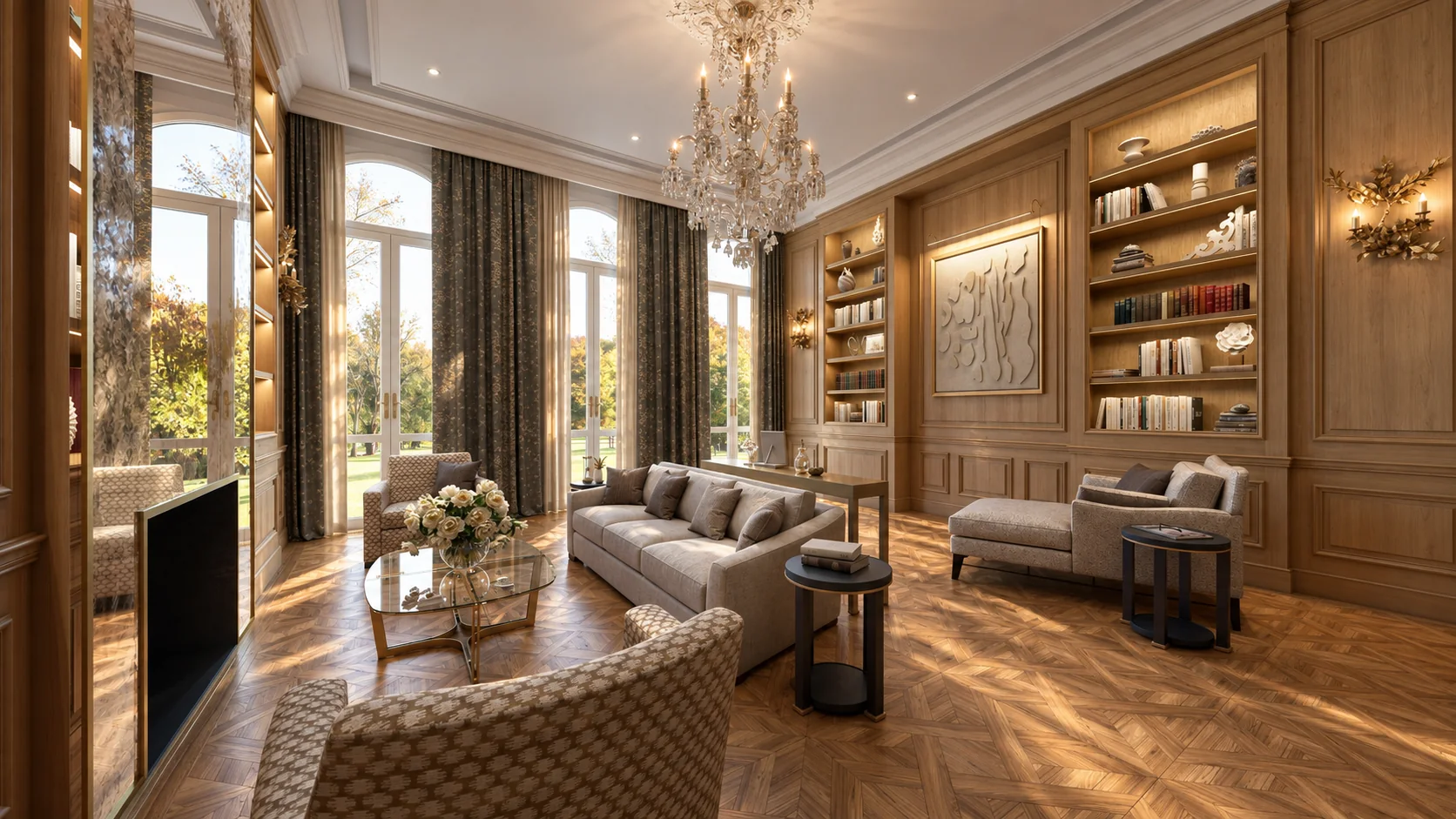 Image 3D d’un salon familial haut de gamme avec grandes bibliothèques, boiseries et lumière de jardin