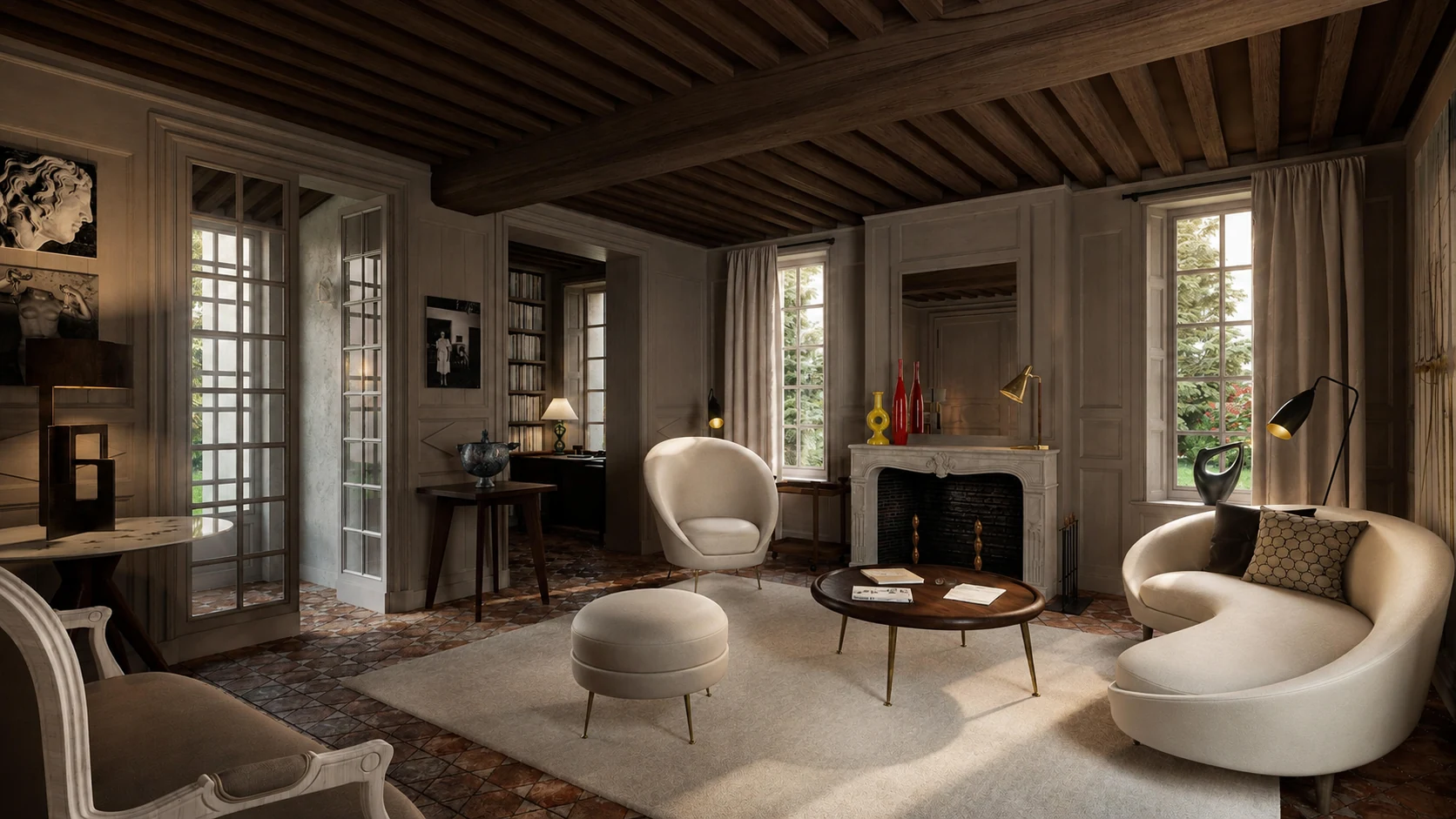 Visualisation architecturale d’un salon patrimonial aux poutres anciennes et mobilier contemporain