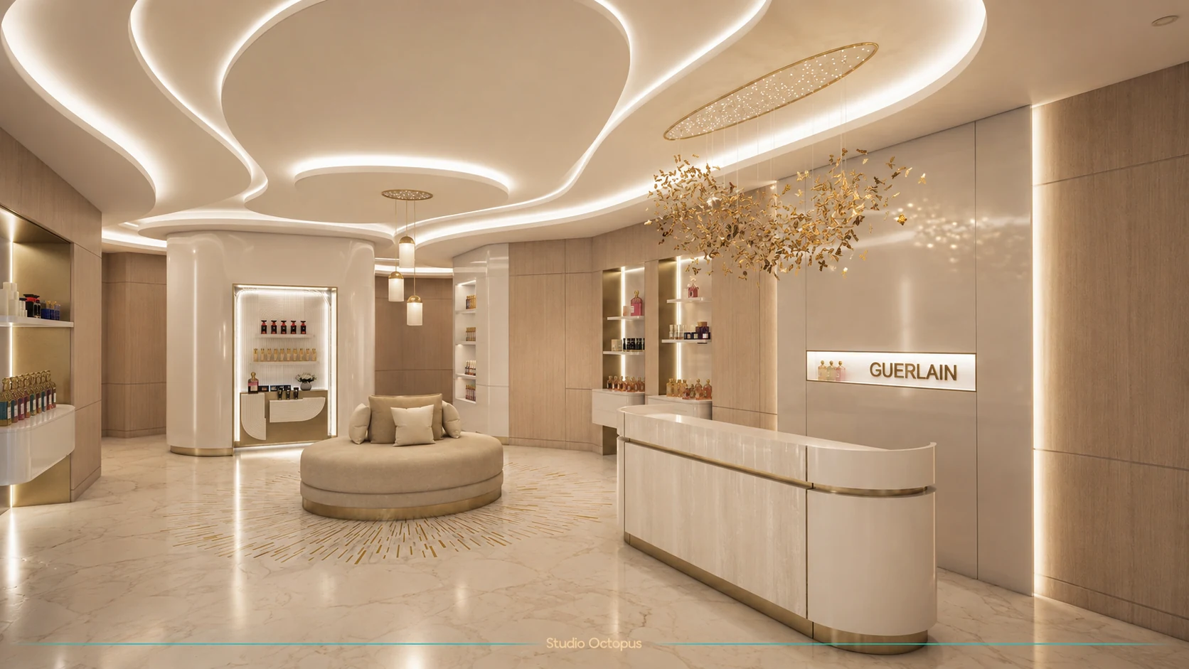 Visualisation 3D photoréaliste d’un spa de luxe aux lignes courbes et éclairages intégrés
