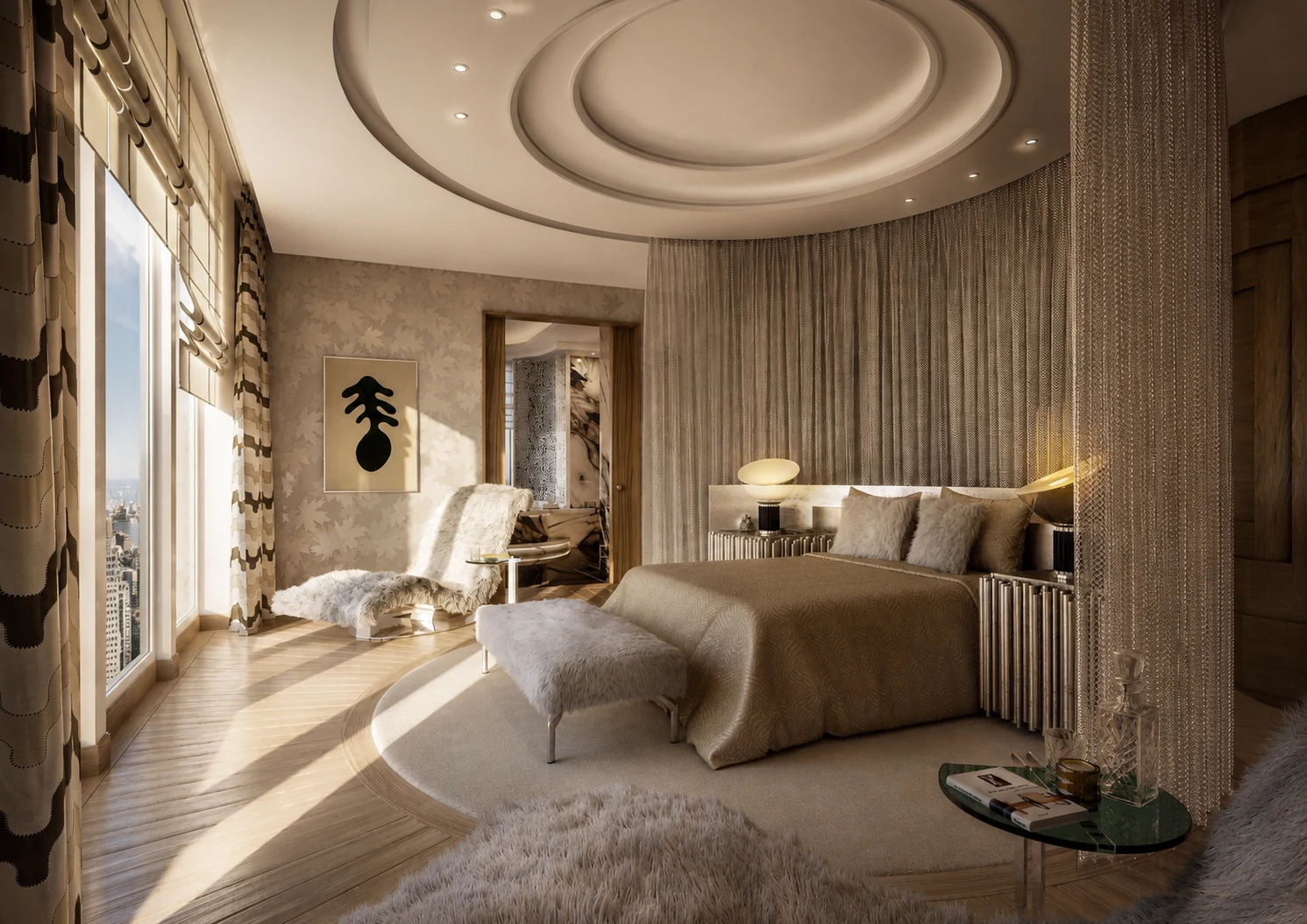 Image 3D d’une suite contemporaine lumineuse avec volumes courbes et vue urbaine