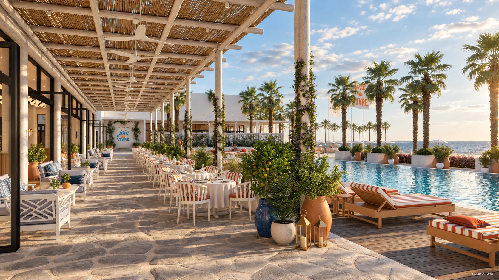 Rendu 3D d’une terrasse de resort ensoleillée avec restaurant, piscine et vue sur la mer
